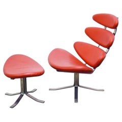 Paul Volther ‘Corona Chair’ With Ottoman, 1990s Replica in Leather