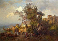 Atardecer en el río Paisaje panorámico del Cáucaso del maestro alemán Siglo XIX