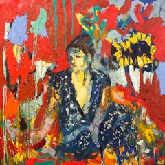 Blue Sari and The Sunflower.  Contemporary Abstract Expressionist Oil Painting