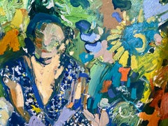 Blue Sari in the Sunflower Garden.  Contemporary Abstract Expressionist Oil