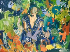 Blue Sari in the Sunflower Garden.  Contemporary Abstract Expressionist Oil