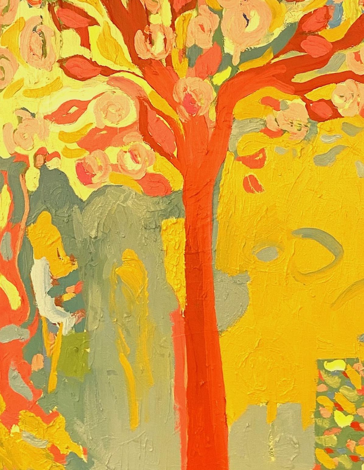 Camellia Tree, Contemporary Expressionist Oil Painting - Yellow Landscape Painting by Paul wadsworth