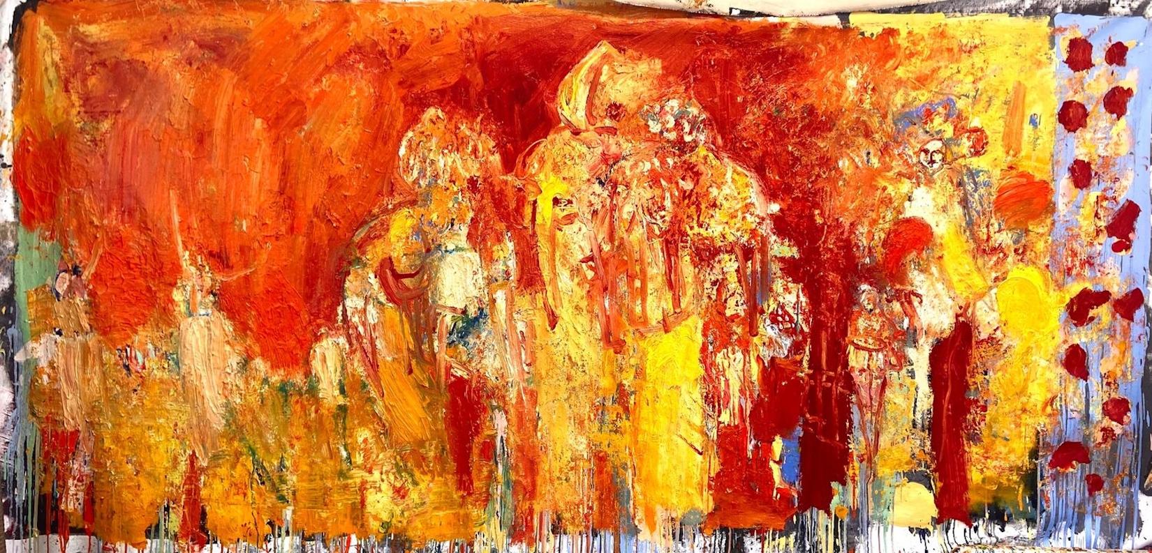 Paul wadsworth Animal Painting - Elephants Have A Festival. Large Abstract Expressionist Oil Painting
