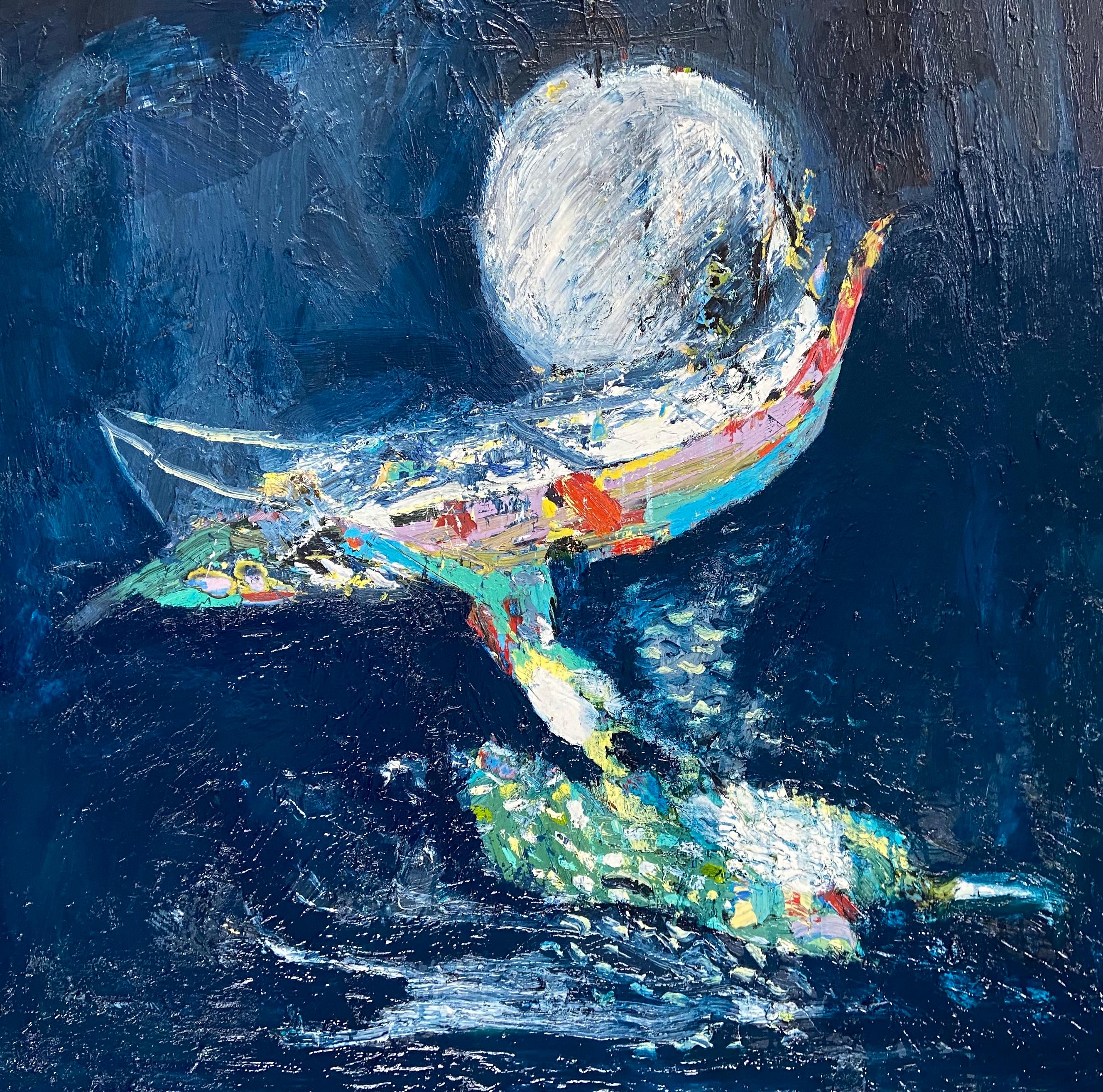 Paul wadsworth Figurative Painting - Moonlight Swimmer.  Contemporary Abstract Expressionist Oil Painting