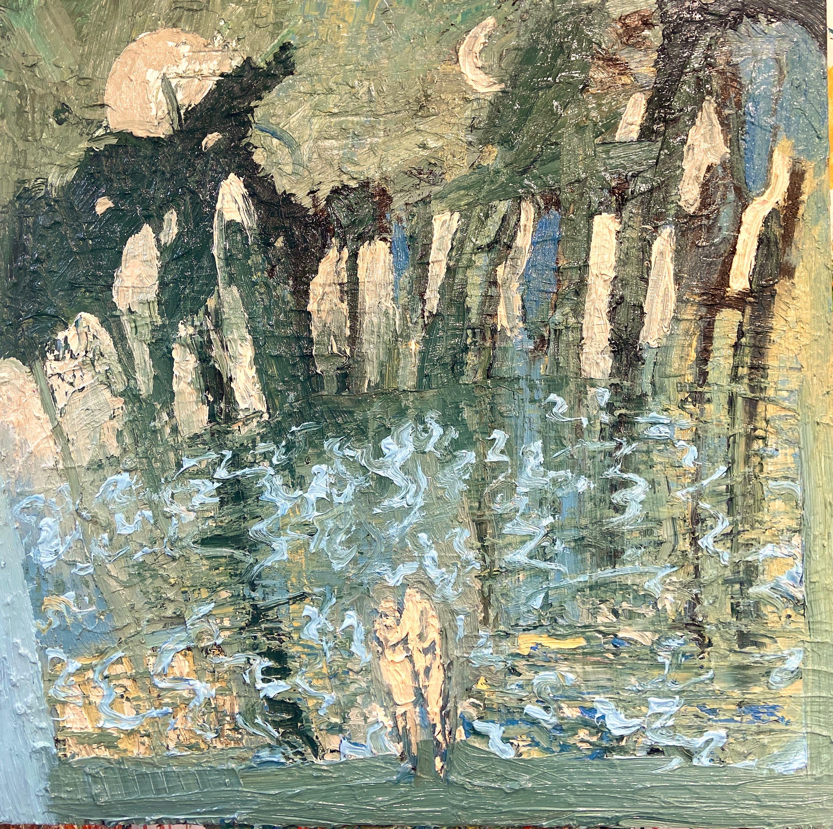Paul wadsworth Landscape Painting - Moonlit Bathers: Large Abstract Expressionist Oil Painting