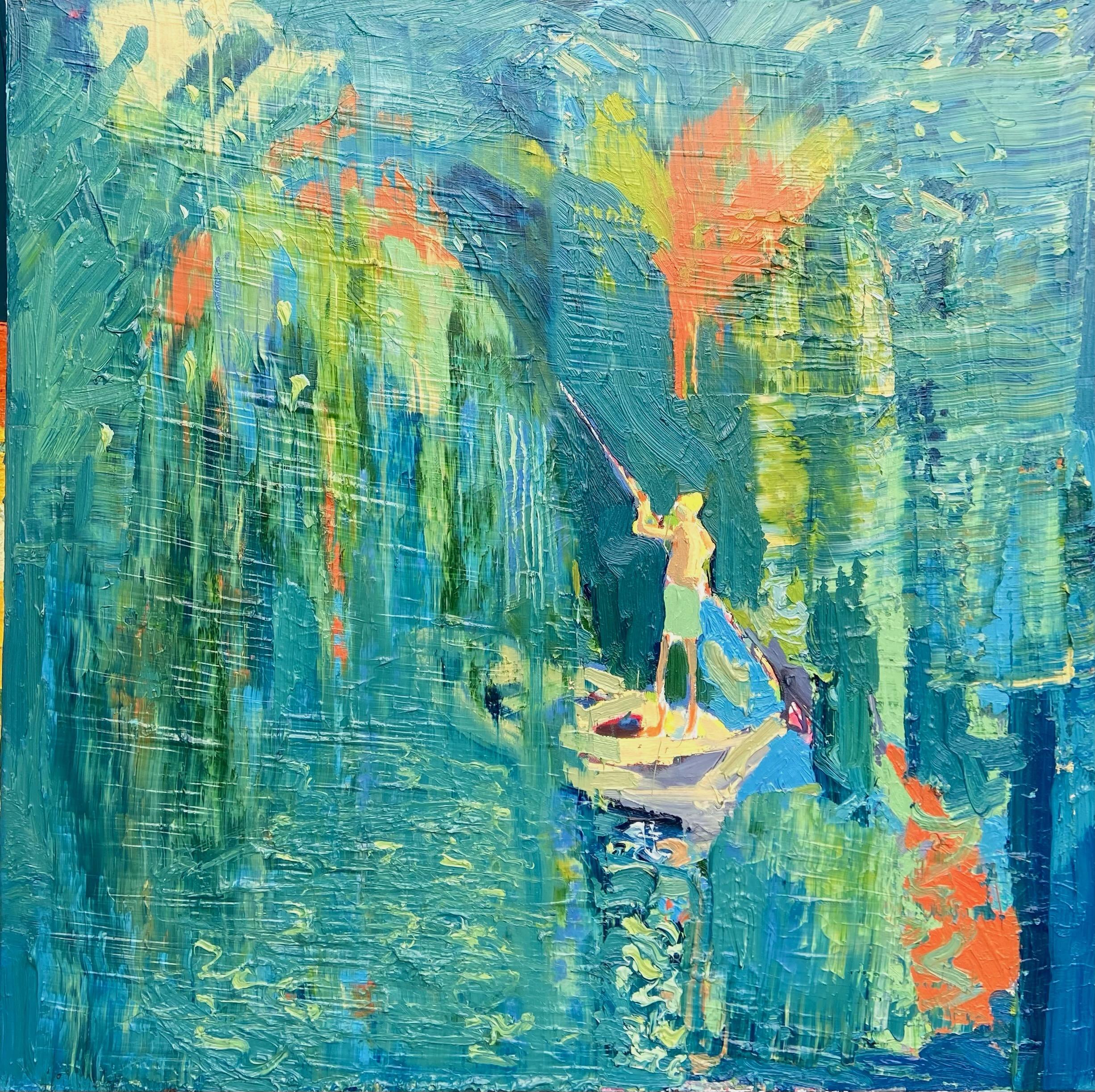 Paul wadsworth Animal Painting - Paddling By The Waterfall. Large Abstract Expressionist Oil Painting