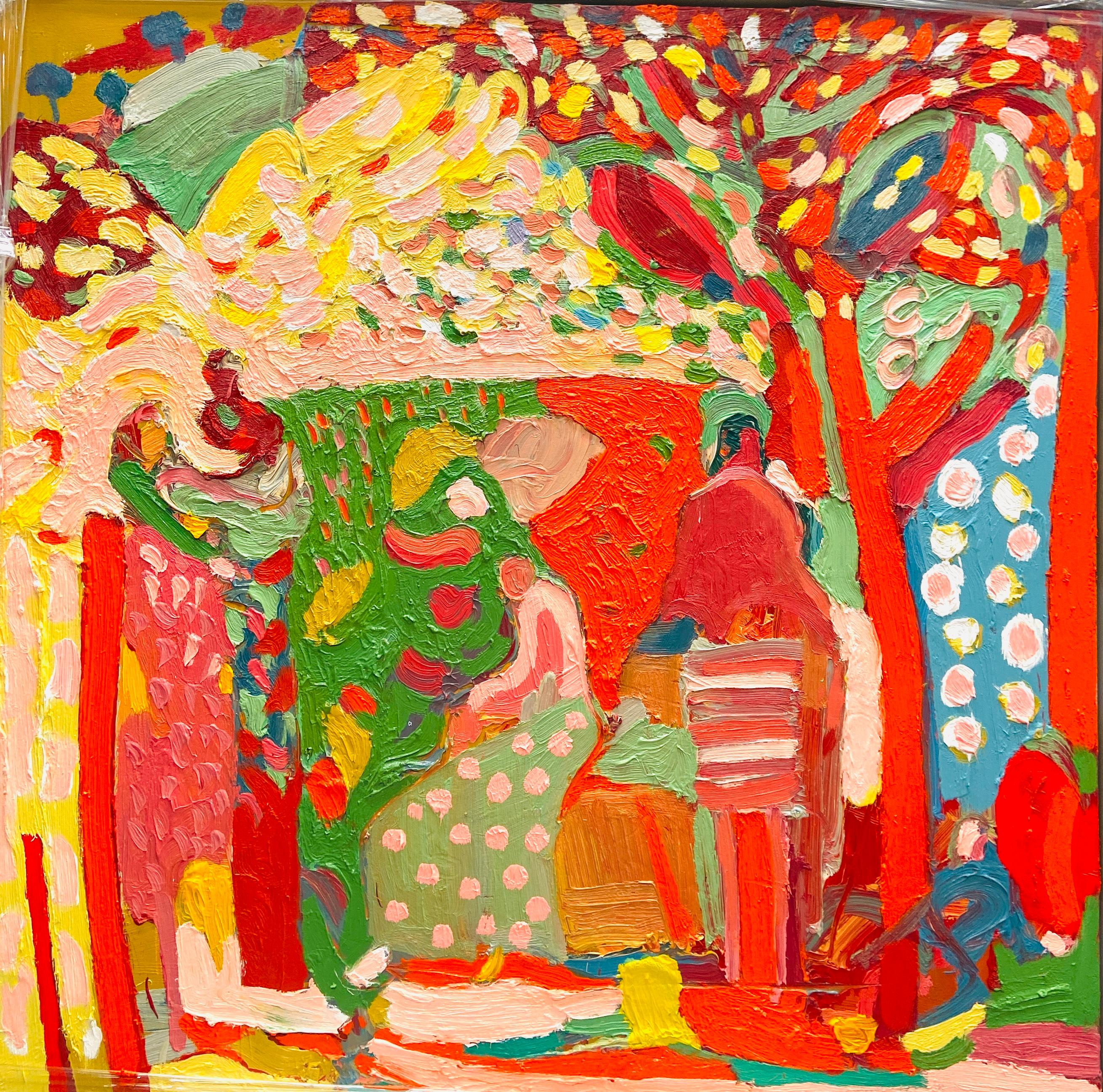 Rajisthan Garden: Contemporary Abstract Expressionist Oil Painting - Orange Figurative Painting by Paul wadsworth