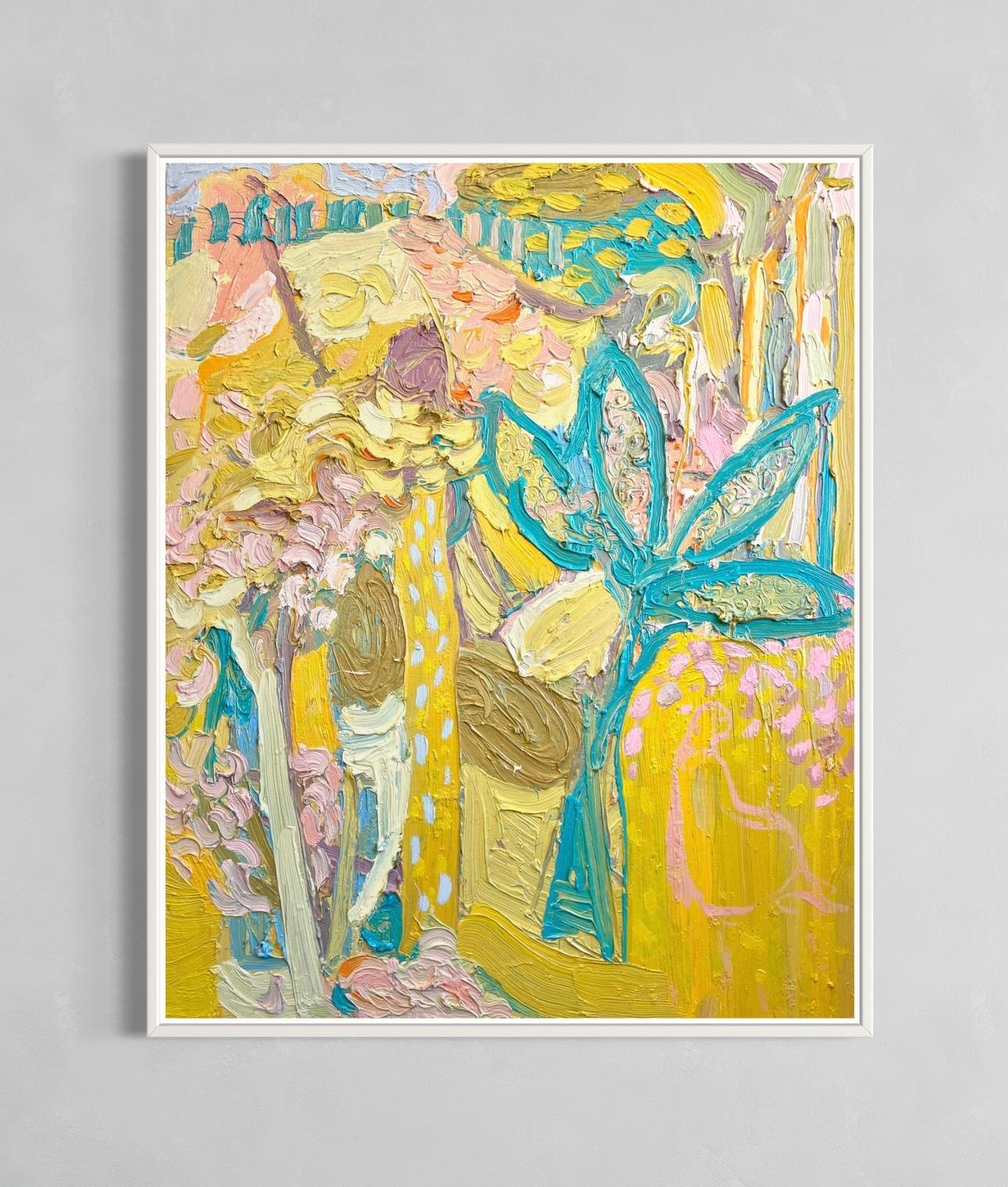 Sentado bajo las hojas de plátano. Pintura expresionista abstracta contemporánea - Landscape Painting Beige de Paul wadsworth