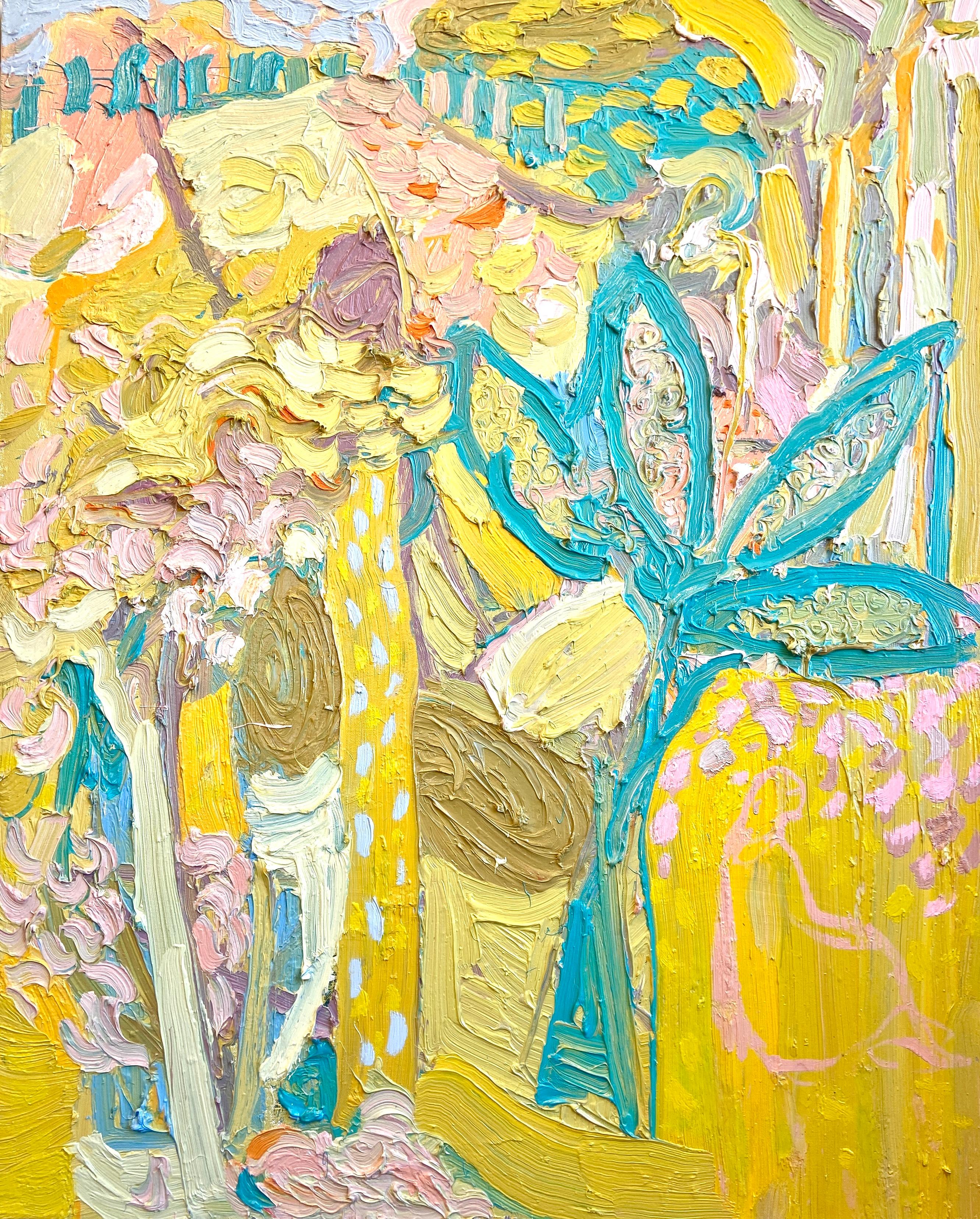 Landscape Painting de Paul wadsworth - Sentado bajo las hojas de plátano. Pintura expresionista abstracta contemporánea