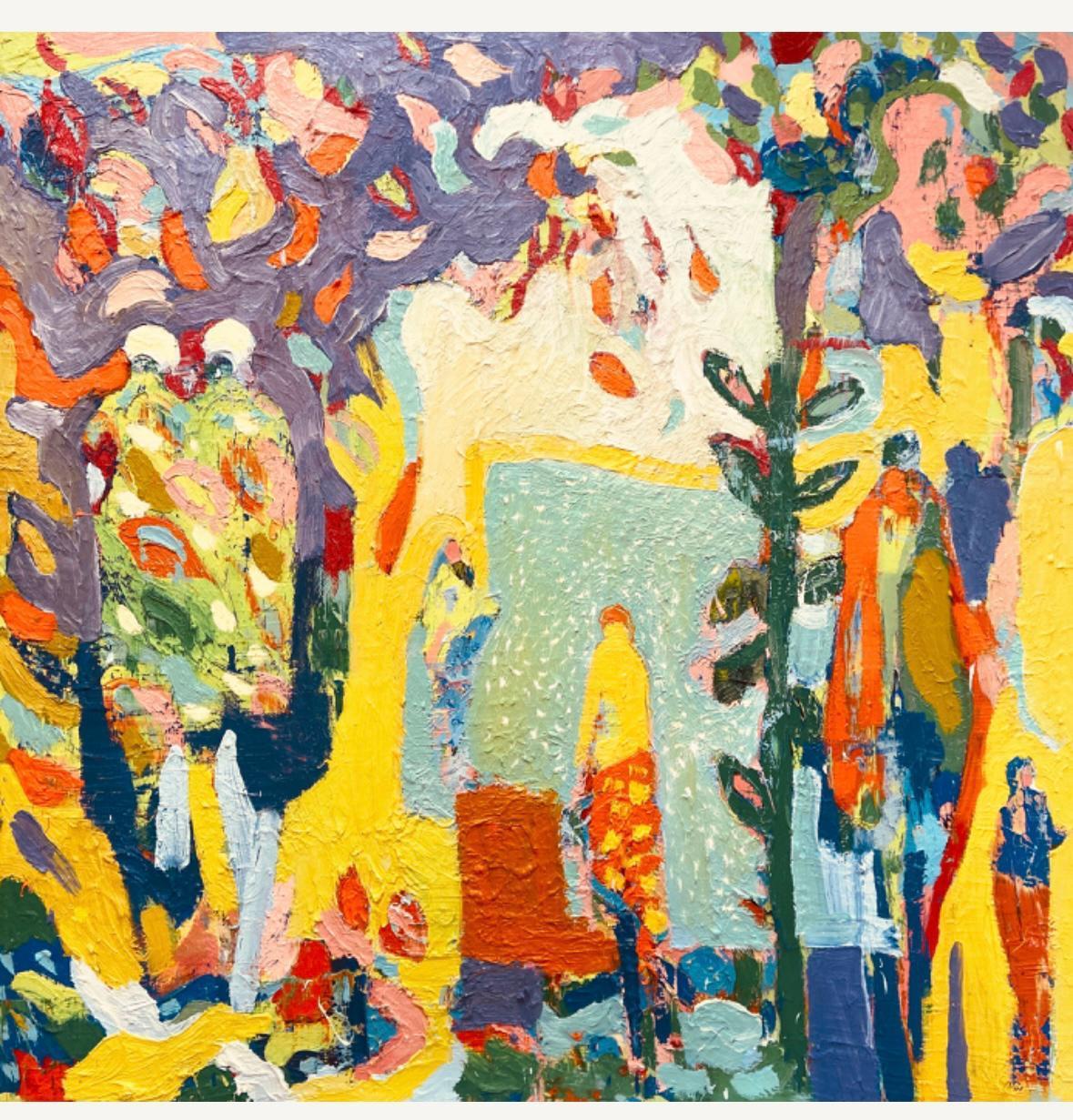Figurative Painting Paul wadsworth - Debout par le lac Temple  Peinture à l'huile expressionniste contemporaine