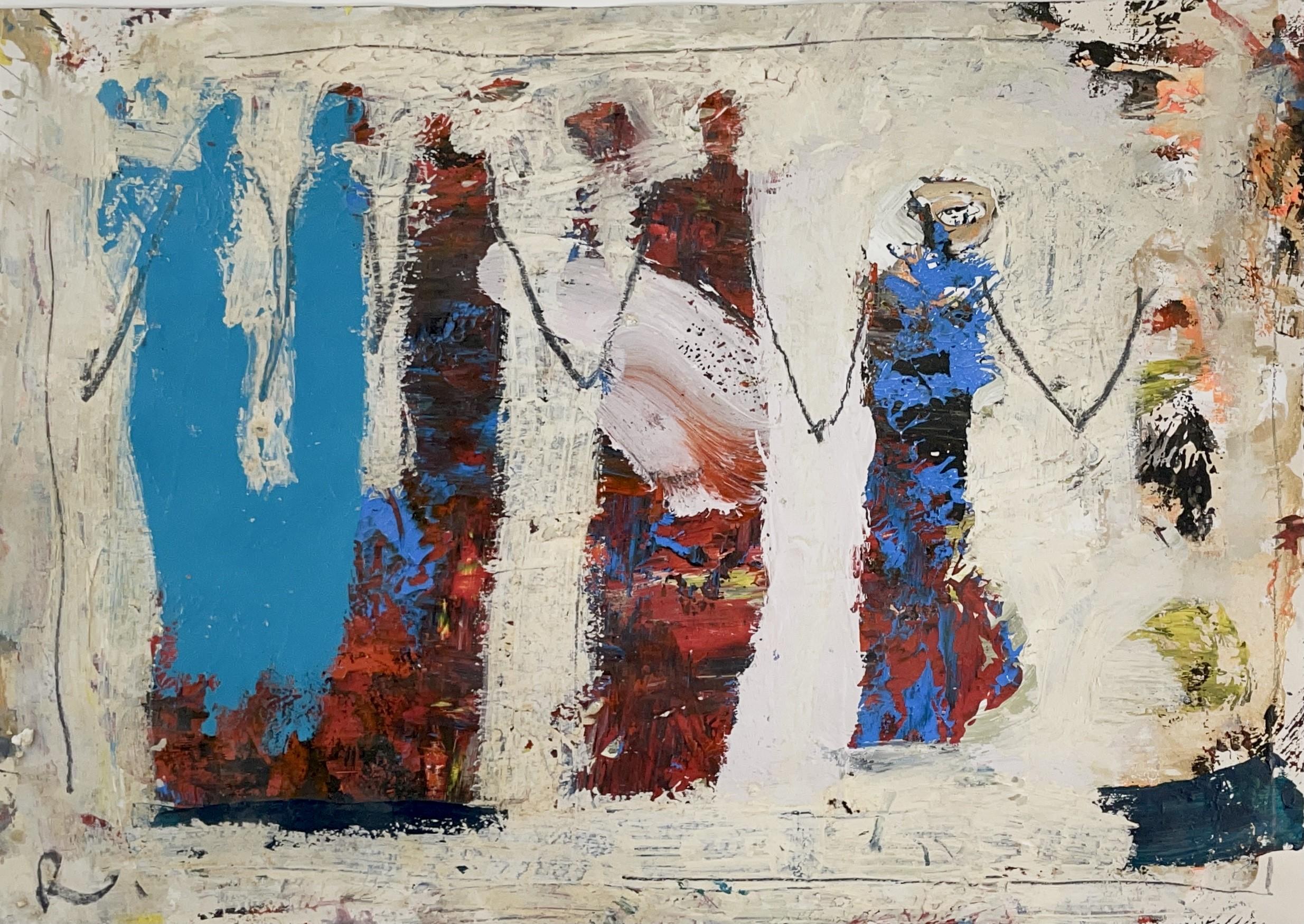Paul wadsworth Figurative Painting - "Village Girls". Mixed Media Abstract Expressionist Painting