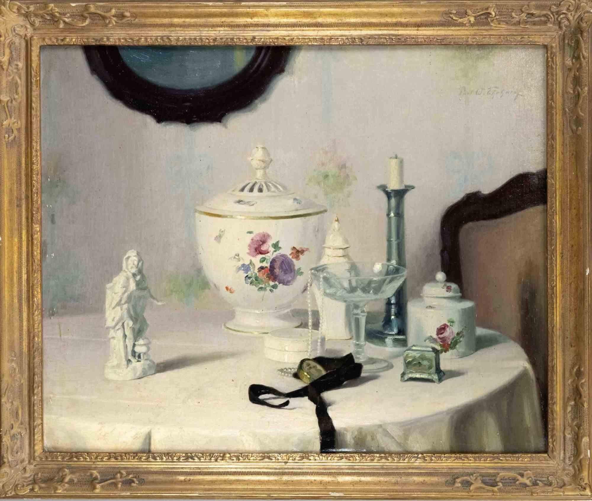 Nature morte avec verre et porcelaine est une œuvre d'art réalisée par Paul Walter Erhardt (1872-1959).

Huile sur toile, signée en haut à droite.

60 x 75 cm, encadré 72 x 87 cm. 

Bonnes conditions.