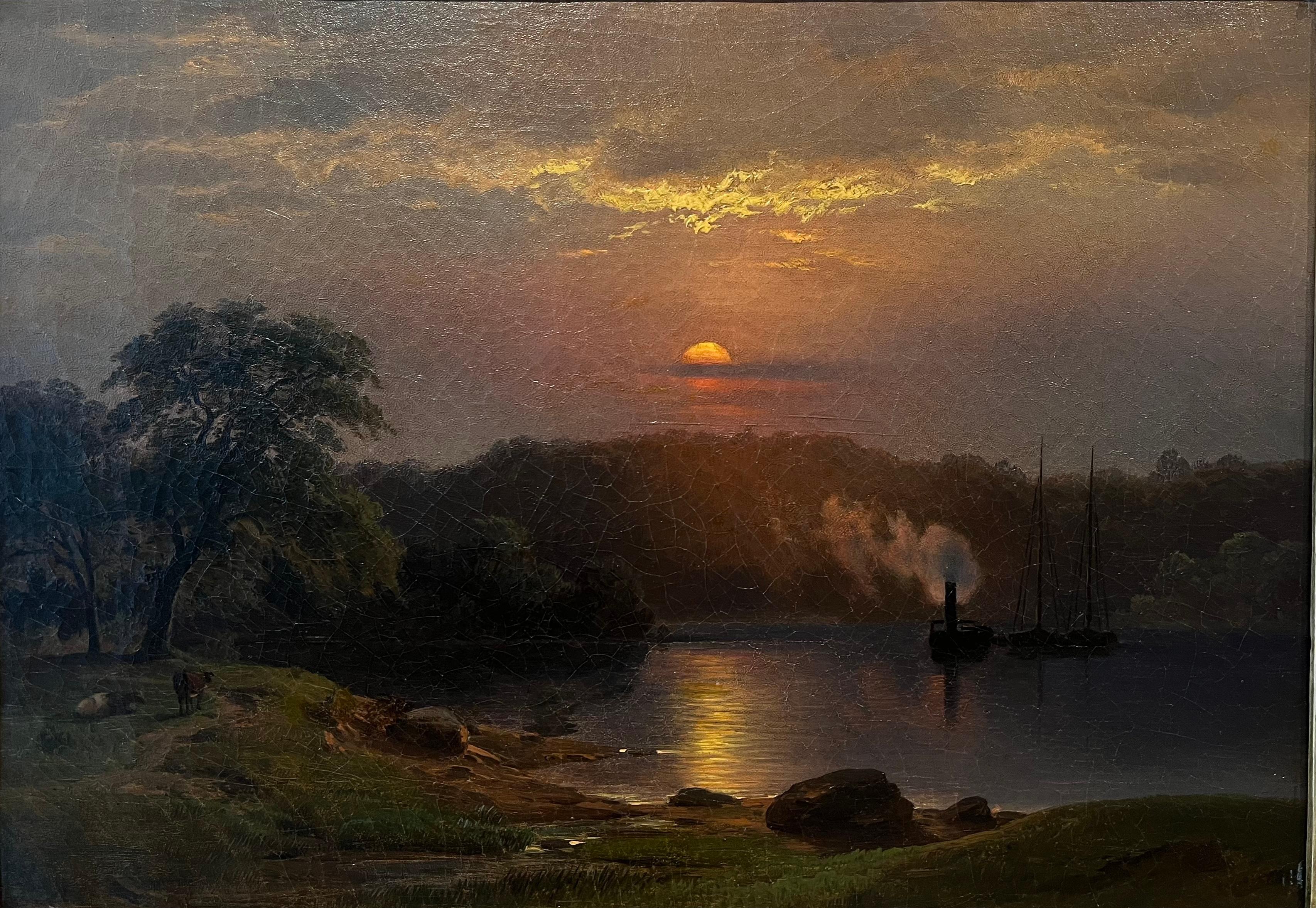Paesaggio nautico al tramonto - Painting di Paul Weber