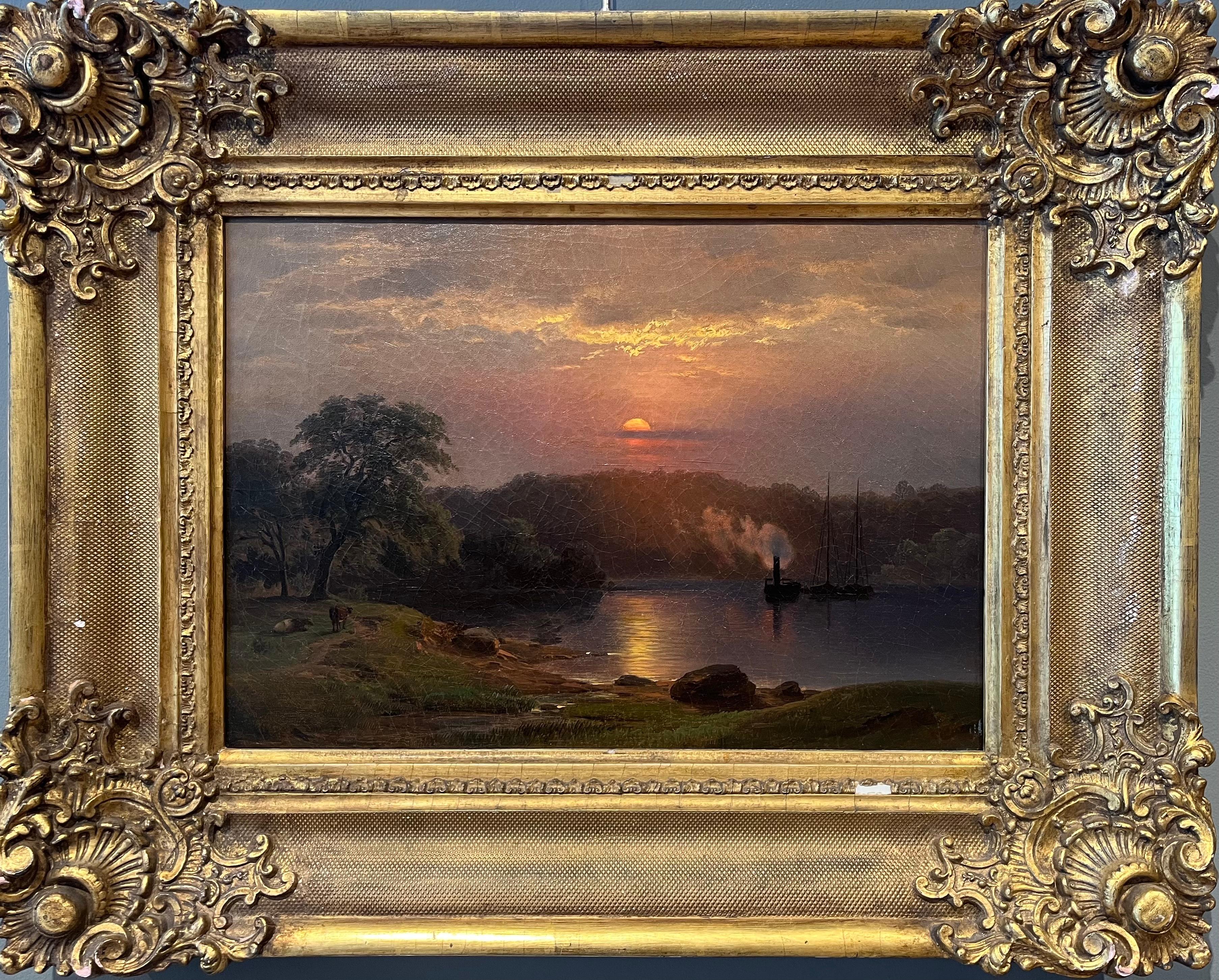 Landscape Painting di Paul Weber - Paesaggio nautico al tramonto