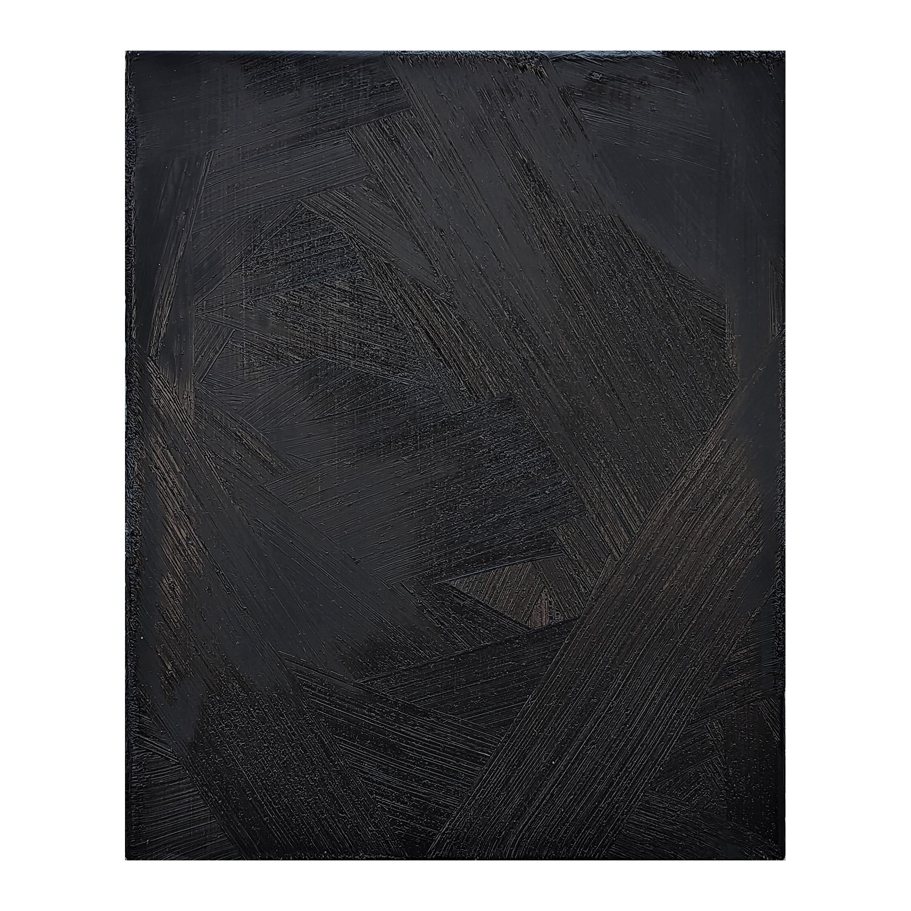 Black textured impasto painting by contemporary artist Paul Wiener. The work features a thick layer of intensely pigmented paint in which the viewer can easily see the artist's brushstrokes. The richness of the black color speaks to the the title of