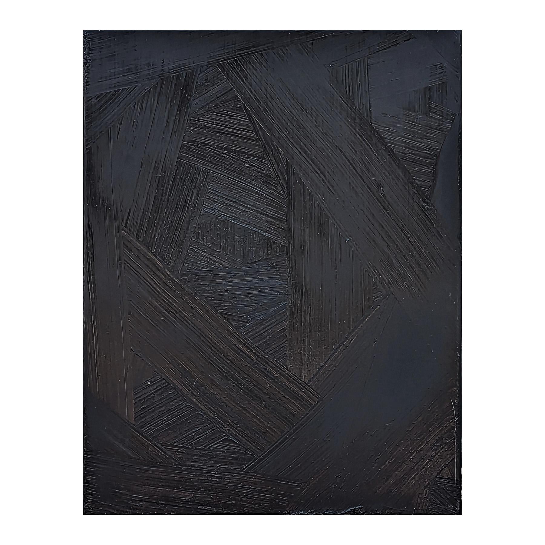 Schwarzes, strukturiertes Impasto-Gemälde des zeitgenössischen Künstlers Paul Wiener. Das Werk zeichnet sich durch eine dicke Schicht intensiv pigmentierter Farbe aus, in der der Betrachter die Pinselstriche des Künstlers leicht erkennen kann. Der