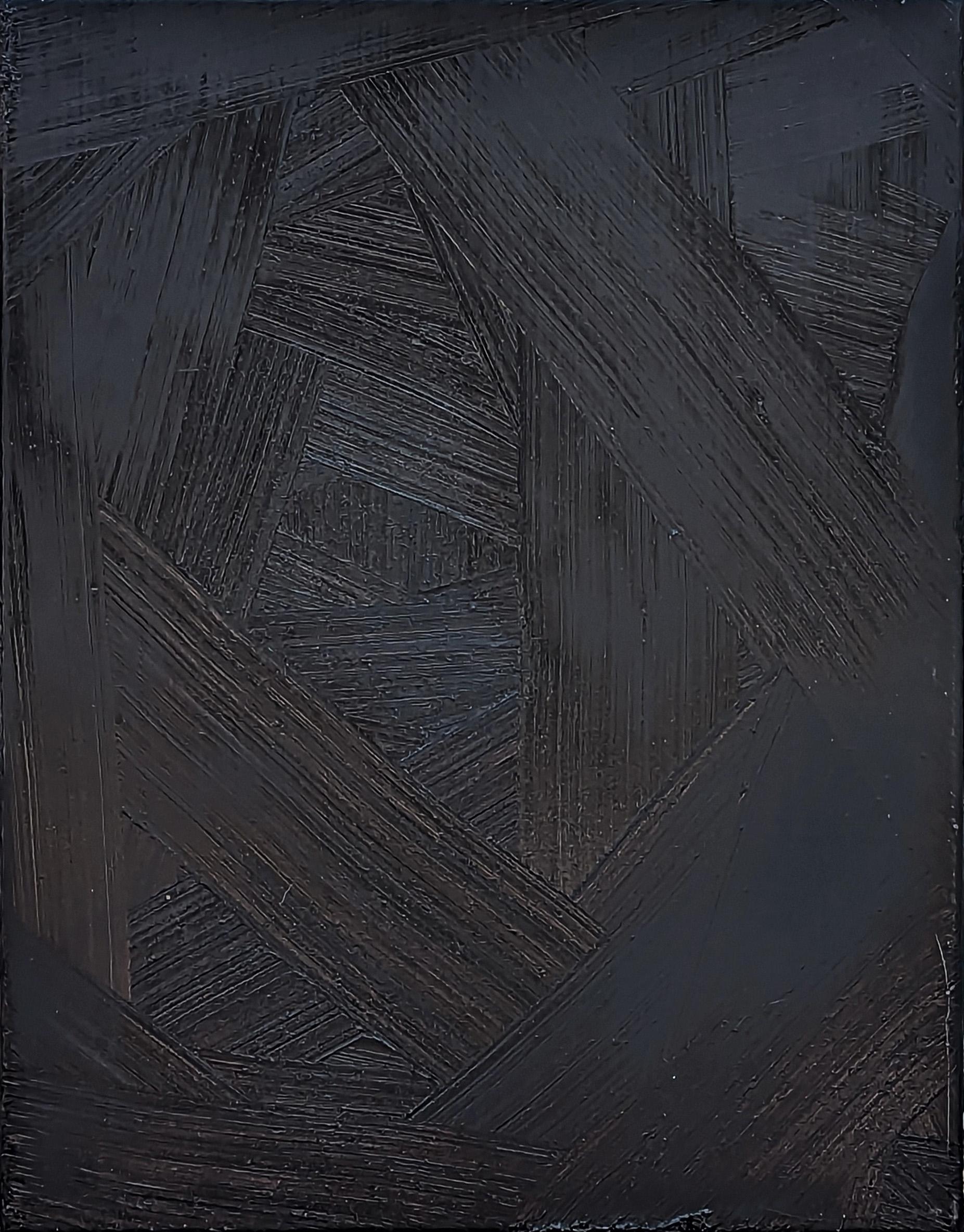 Black textured impasto painting by contemporary artist Paul Wiener. The work features a thick layer of intensely pigmented paint in which the viewer can easily see the artist's brushstrokes. The richness of the black color speaks to the the title of