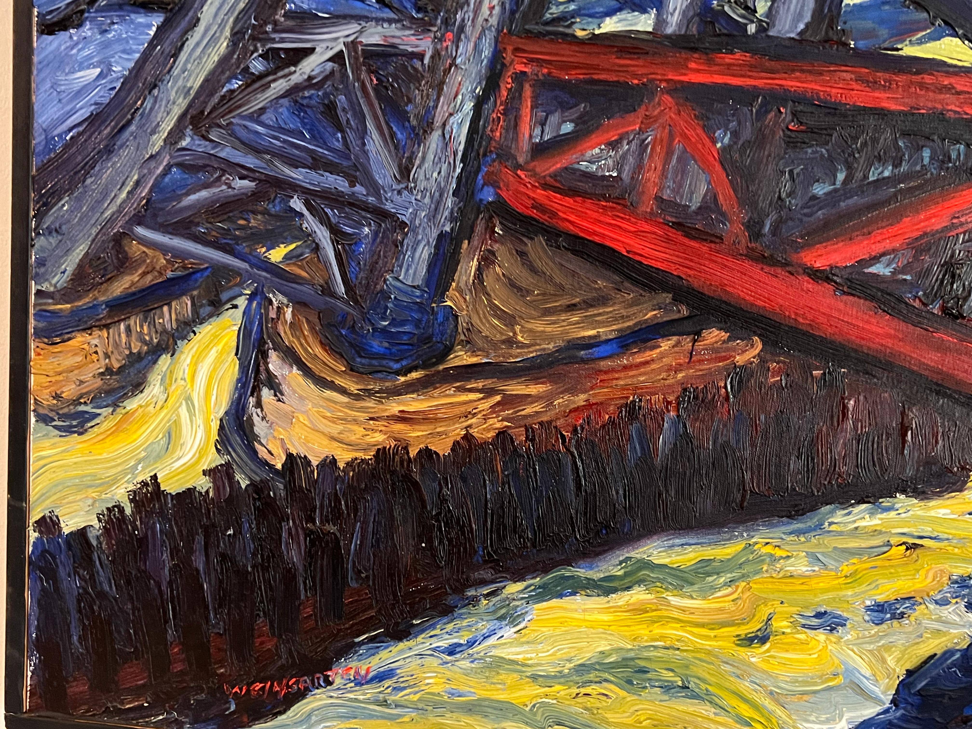 The artwork features a red bridge above a narrow river. A tiny boat passes by, between the two huge structures holding the bridge on each side. Depicting an industrial environment, the artist gave the overall impression of a middle ground between