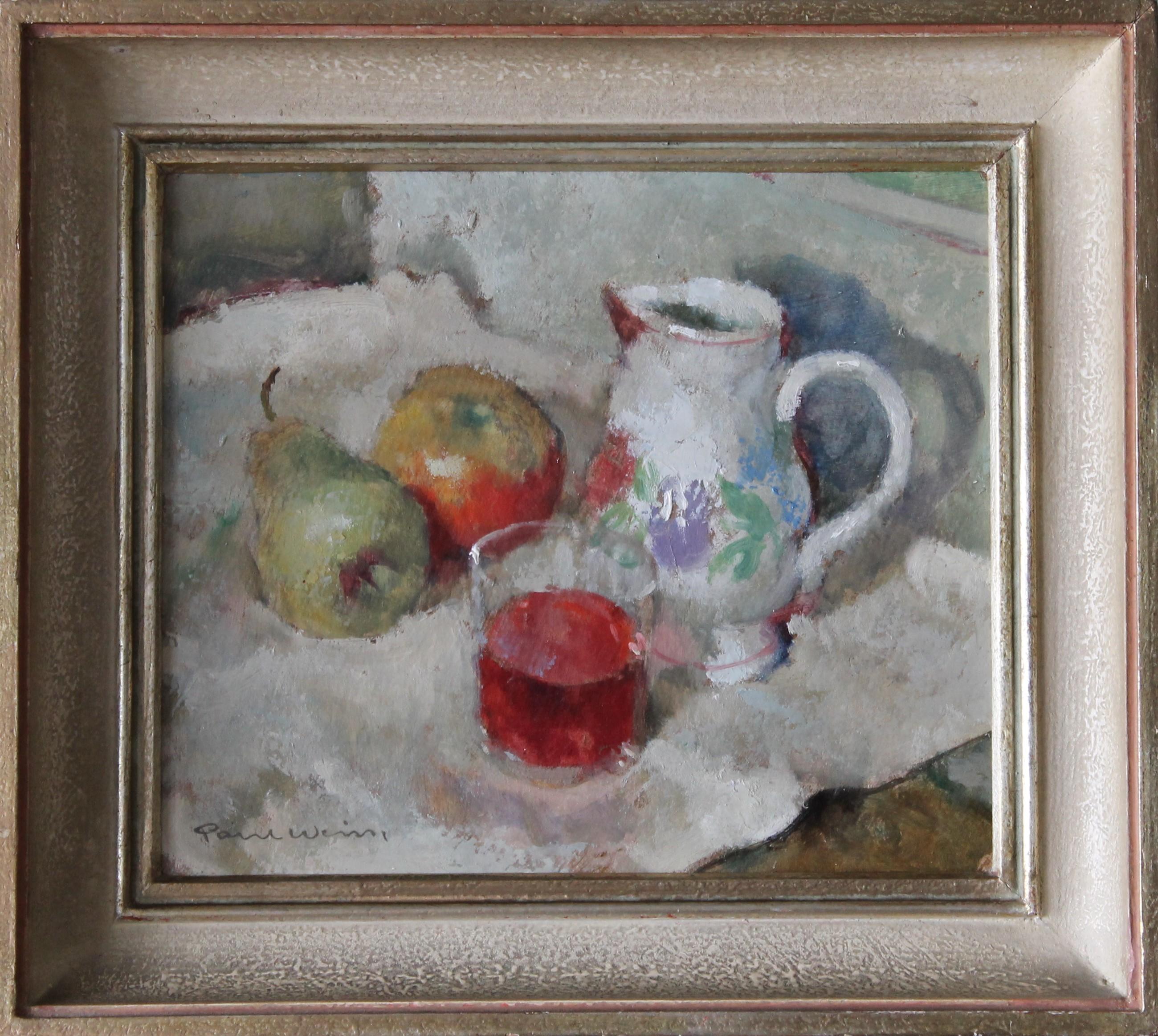 French vintage still life oil painting on cardboard by Paul Weiss (1896-1961), signed in the bottom left corner.  Very pretty still life in its original frame.  A light interesting background with movement sets off this still life painting.  The