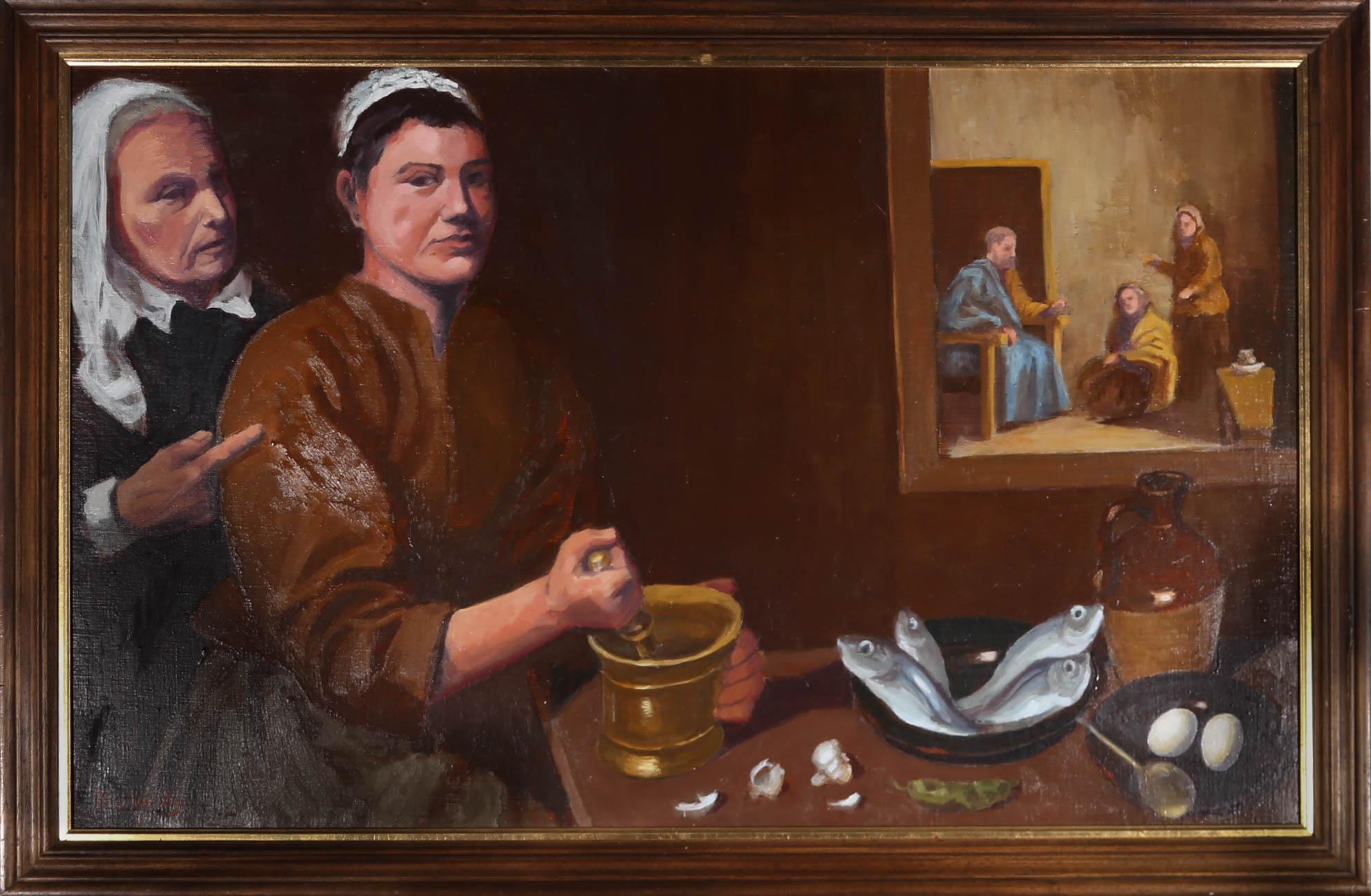 Una scena suggestiva che ritrae una governante che istruisce una giovane cameriera sulla preparazione dei pasti. Lo sguardo intenso della cameriera si concentra sullo spettatore, ignorando i commenti della governante. L'artista mostra le figure che