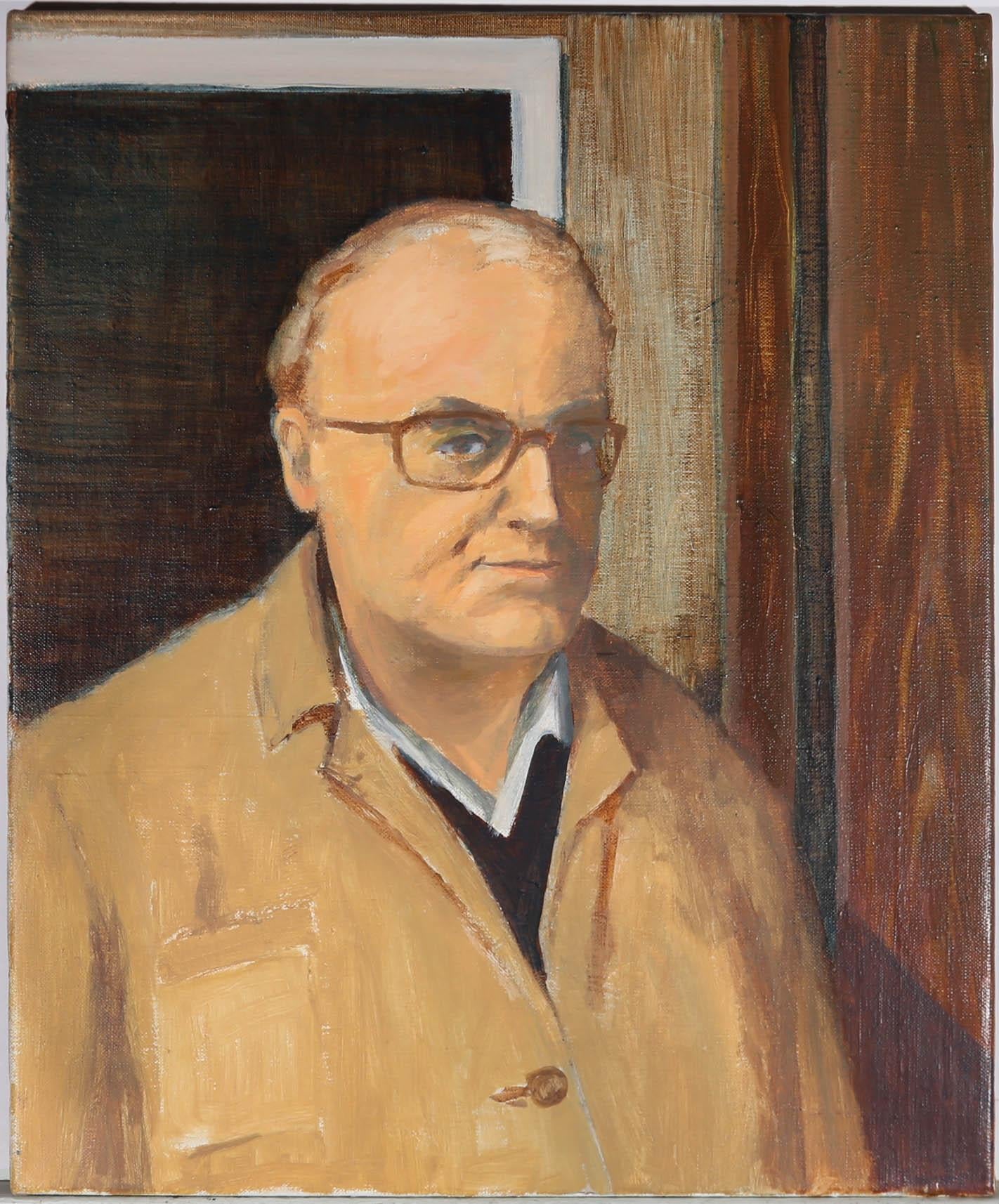 A charming depiction of the artist himself, dressed in a beige jacket and red glasses. Unsigned. On canvas.