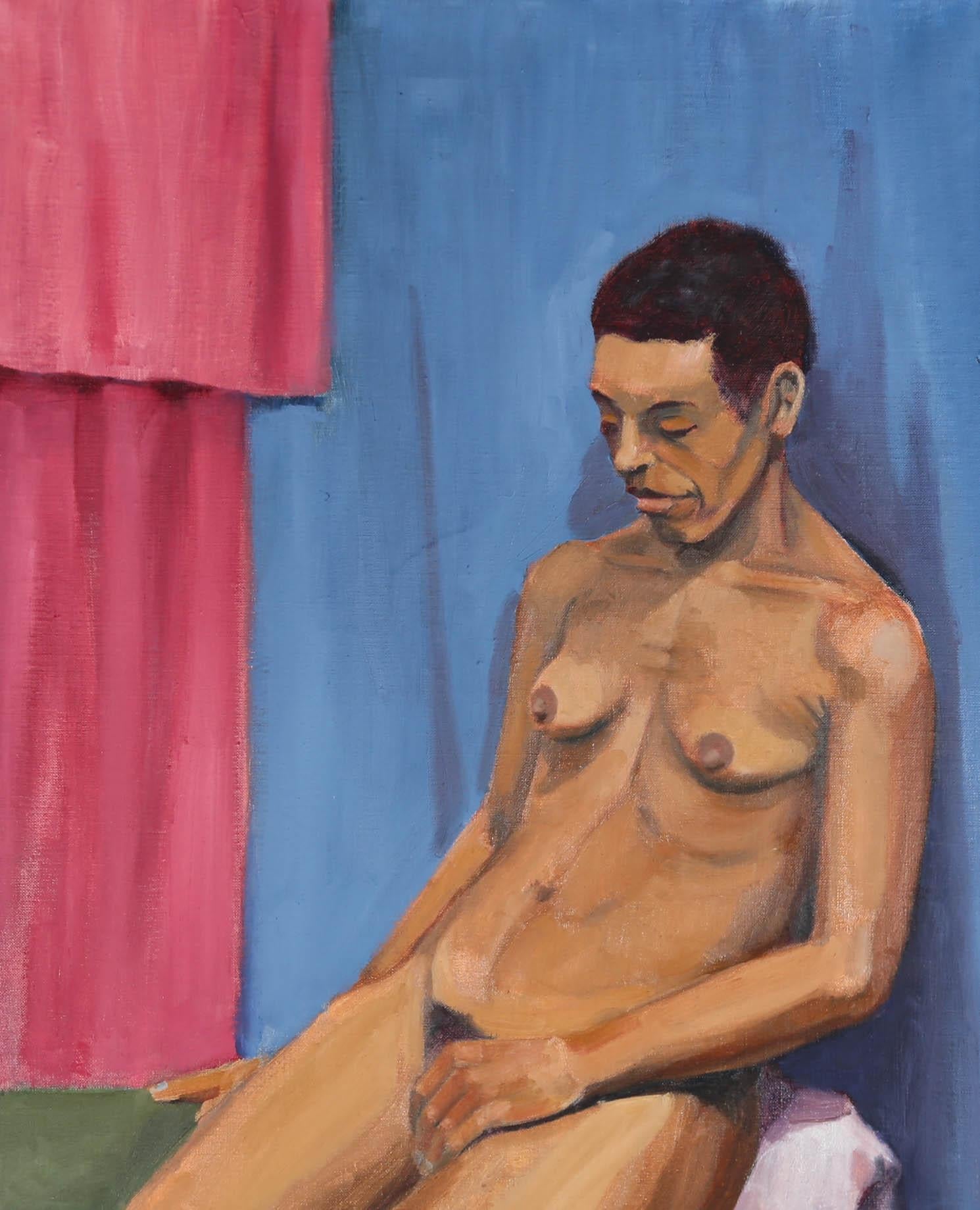 A charming nude study of a seated female model leaning against a blue backdrop. The bold background colours juxtapose the soft colours used to represent the model giving the piece a nice balance of being both vibrant and calming. Unsigned. On canvas.