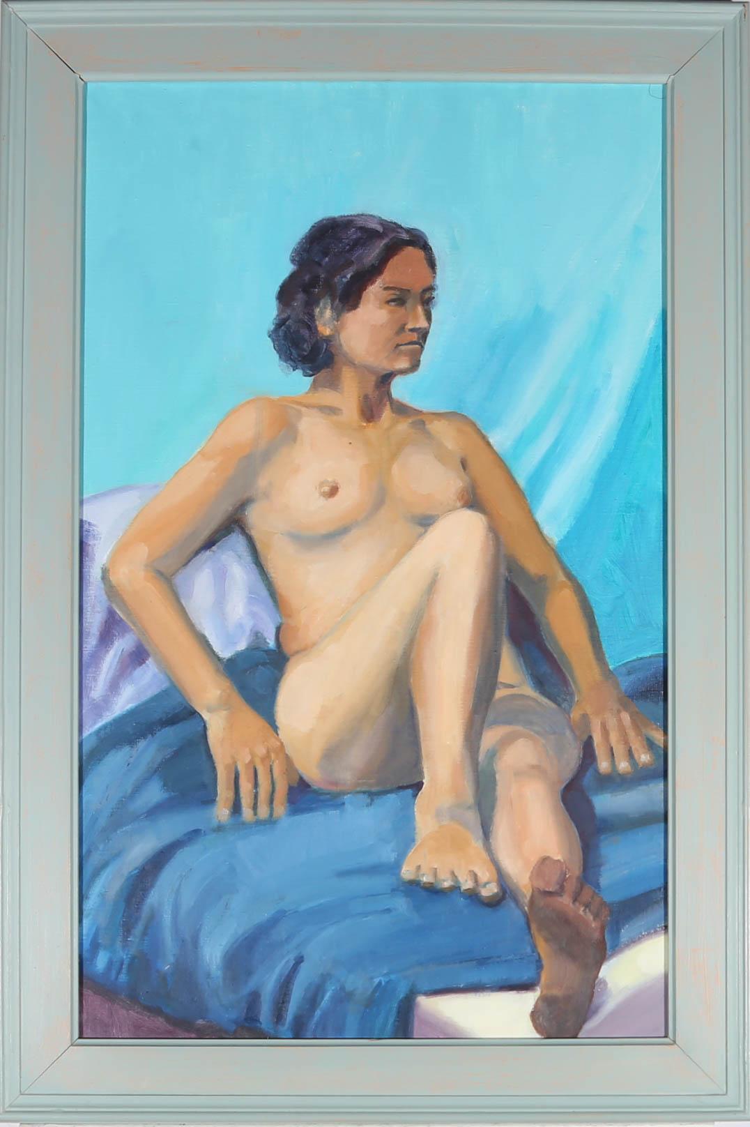 A striking study of a nude model reclining on blue linen against a bright blue backdrop. The artist uses a more natural palette to capture the model, juxtaposing her bright surroundings. Unsigned. Presented in a blue painted wooden frame. On canvas.