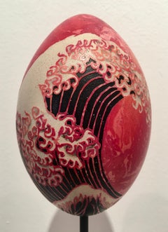 Used Painting on Rhea Egg w/stand: 'Great Wave'