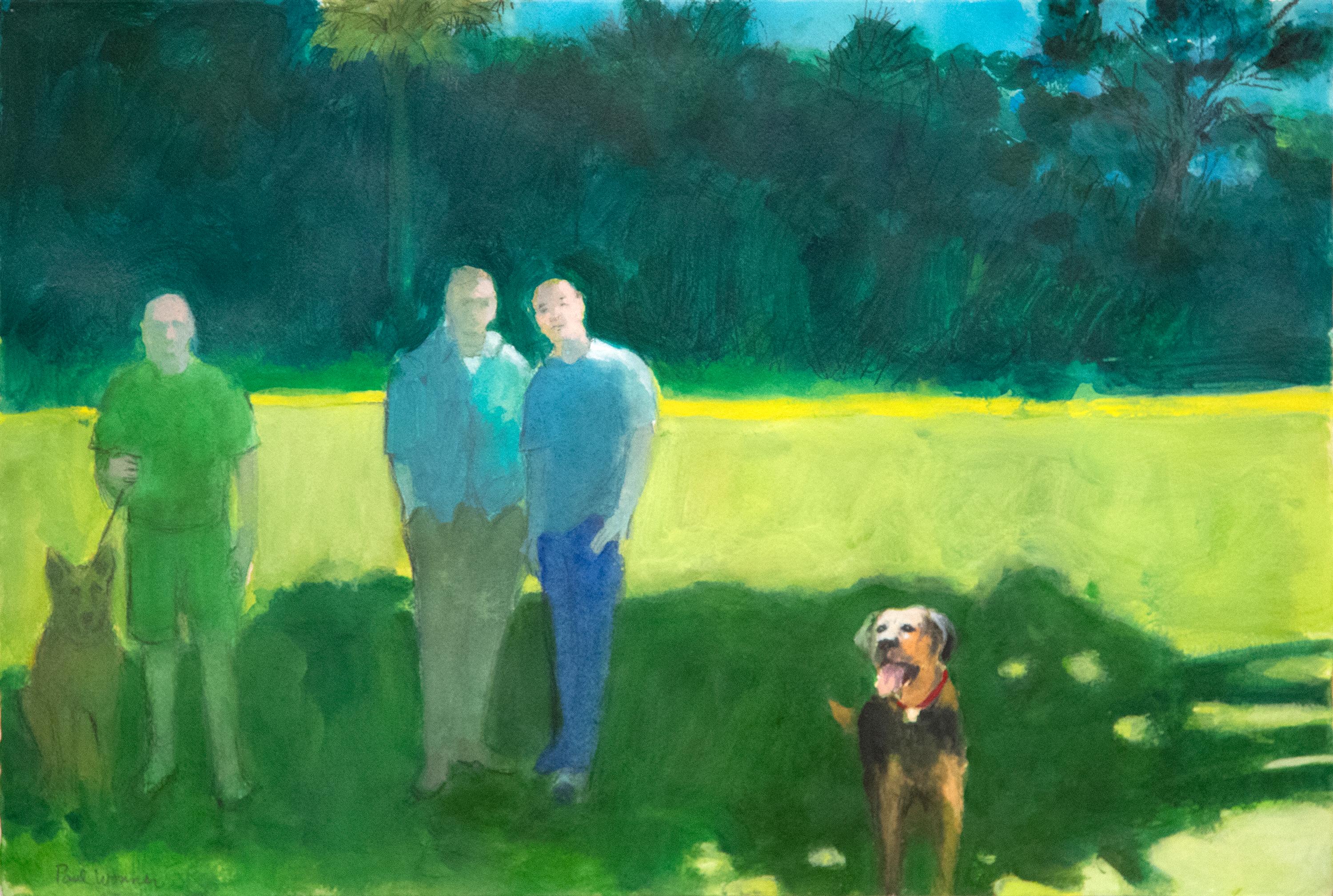 Paul Wonner Figurative Painting - Park with Figures and Dogs