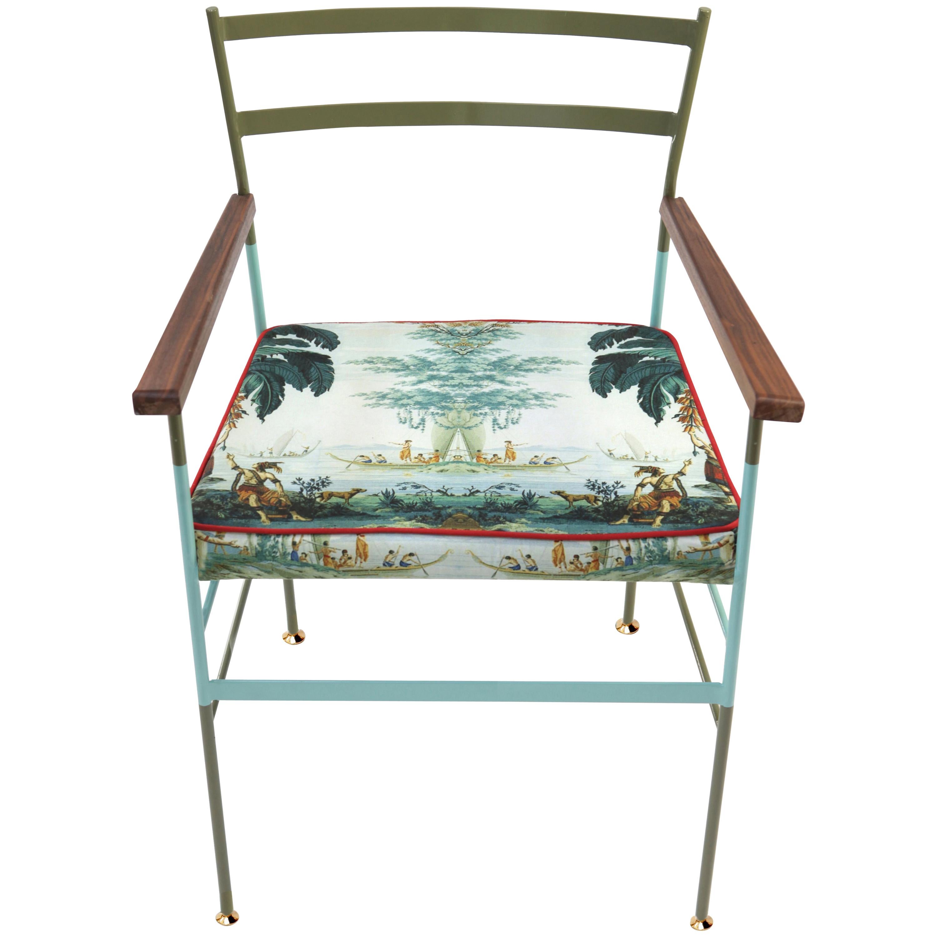 Paul Wood Chair in Iron and Printed Fabric Made in Italy im Angebot
