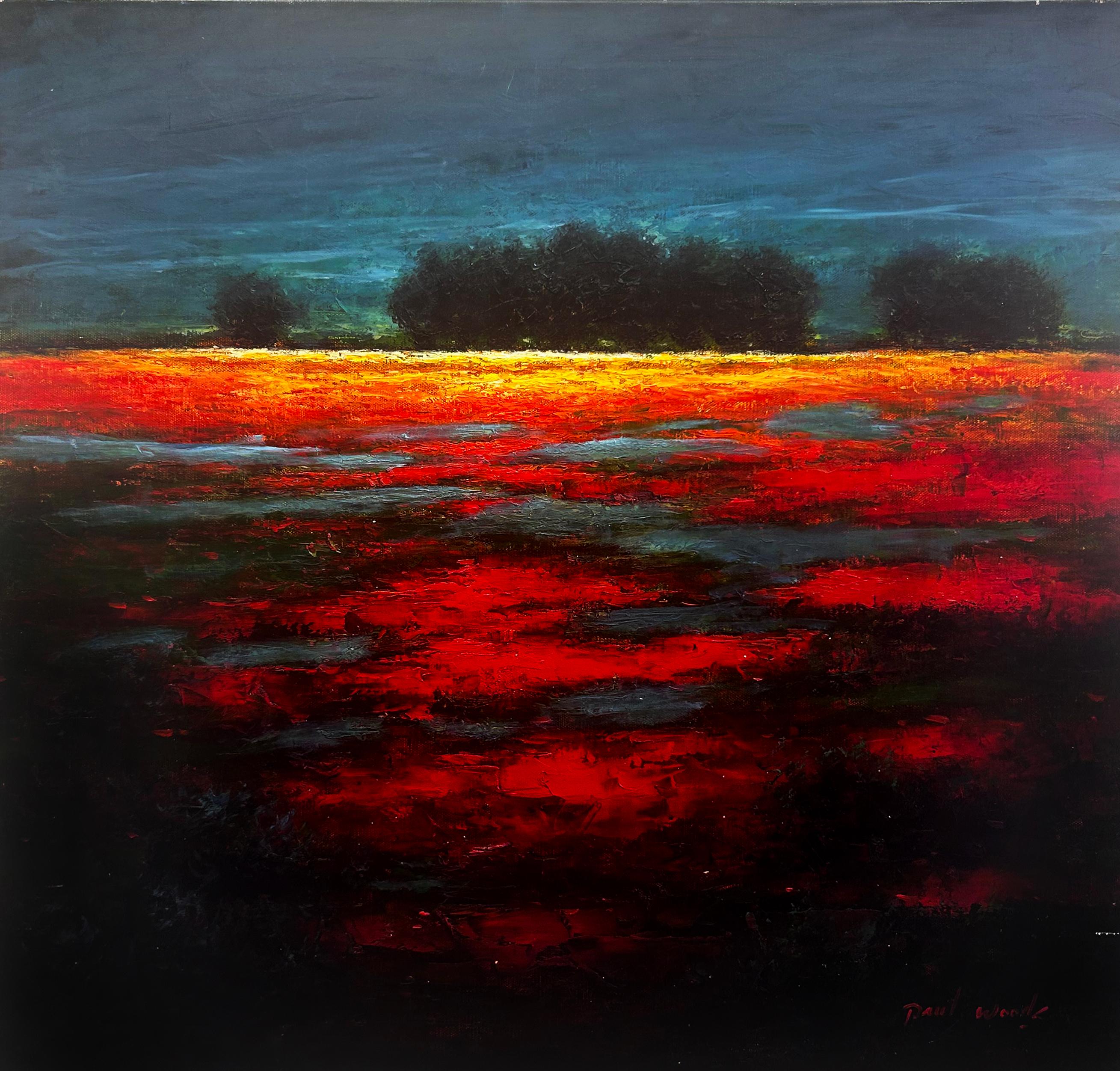 "Garnet Fields" is a 24x24 oil painting on canvas by artist Paul Woods. Featured is a dark moody high contrast abstracted landscape. Dark silhouetted trees line the high horizon illuminated by true deep blues of the night sky. Lingering red and
