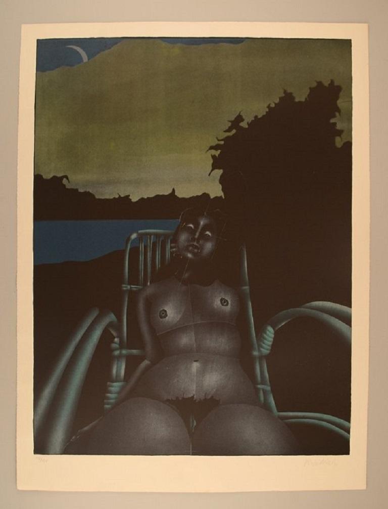 Paul Wunderlich (1927-2010), Germany. 
Erotic color lithography. Number 112/125.
Visible dimensions: 74.5 x 56.5 cm.
Total dimensions: 83 x 63 cm.
In excellent condition.
Hand-signed and numbered.