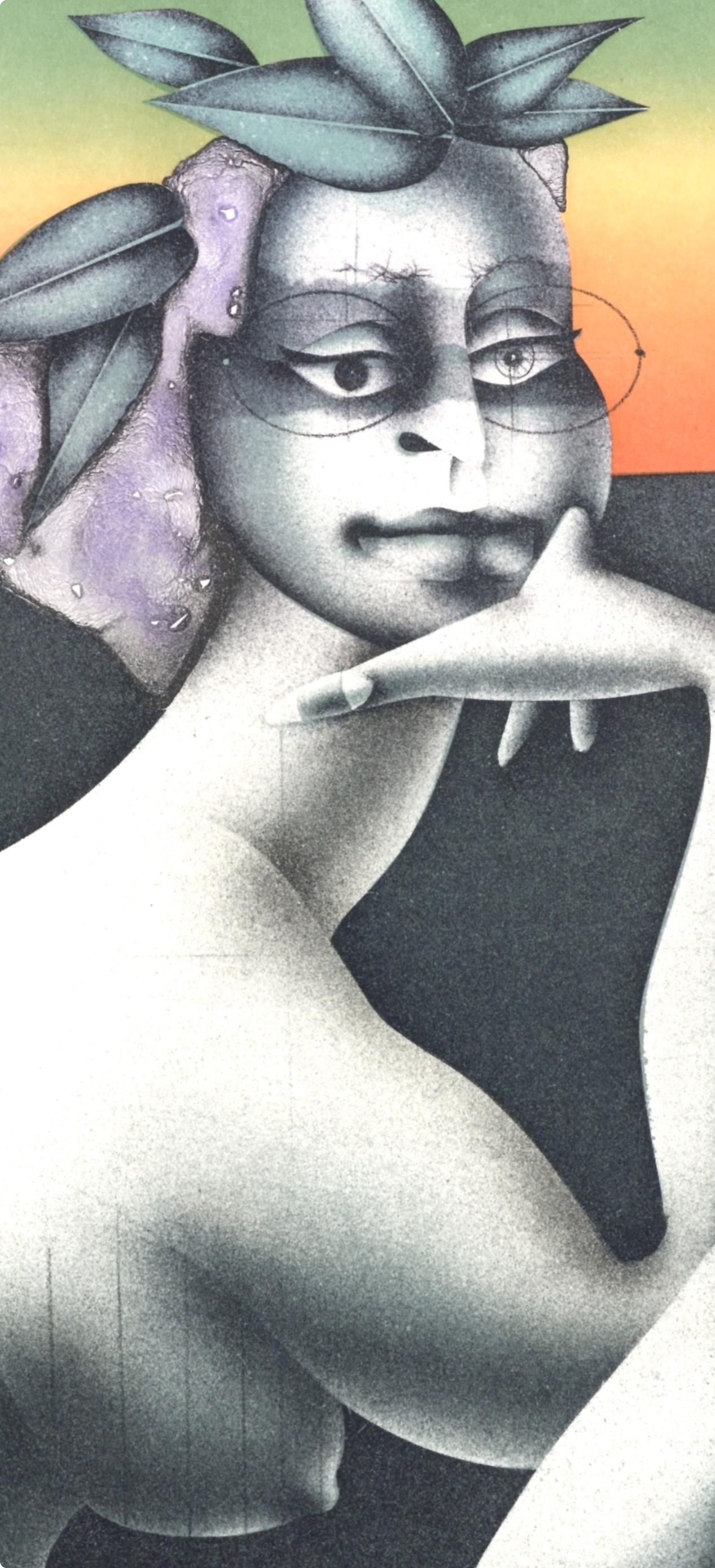 Frau mit Brille und Blättern (Riediger 544), XXe siècle - Print de Paul Wunderlich