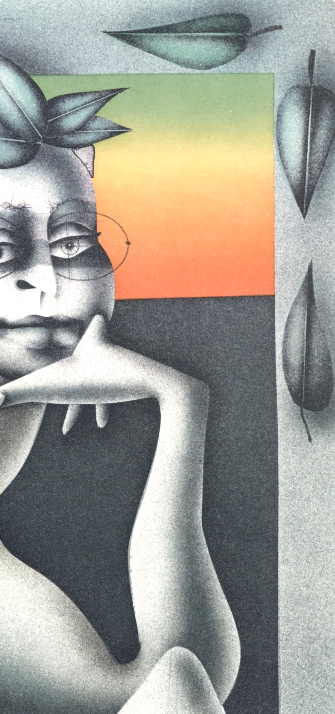 Frau mit Brille und Blättern (Riediger 544), XXe siècle - Abstract Print Gris de Paul Wunderlich