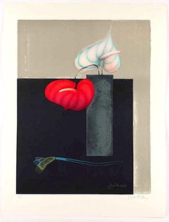 Red and White Anthurium - Original Lithograph by Paul Wunderlich - 1999