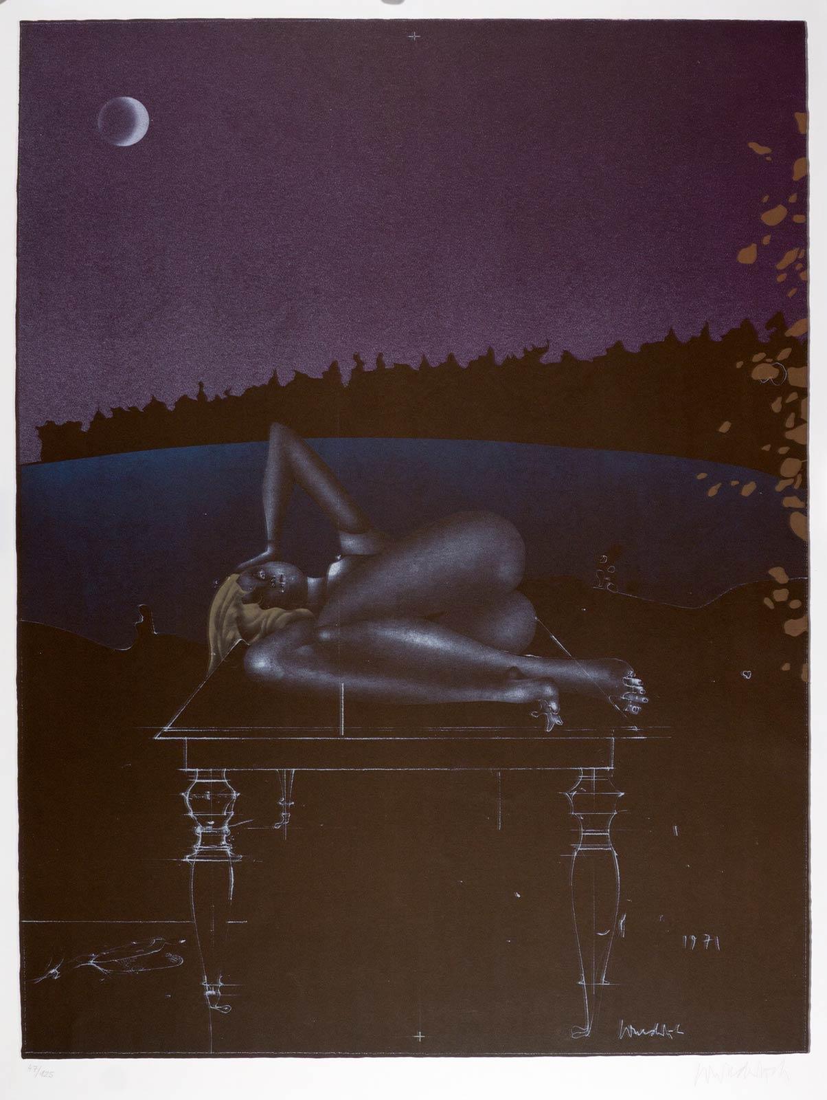 Twilight (an otherworldly nude reclines under a dusky moon) - Contemporary Print by Paul Wunderlich