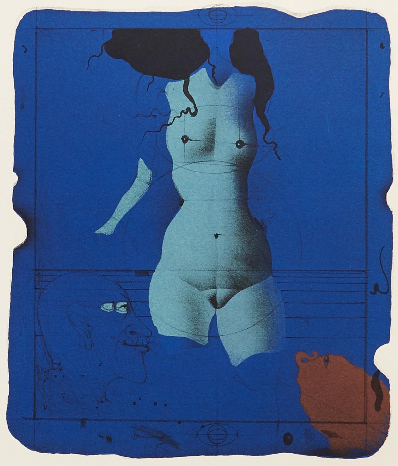 Paul Wunderlich Figurative Print - Wunderlich, Torso sur une pierre bleu, Souvenirs et portraits d'artistes (after)