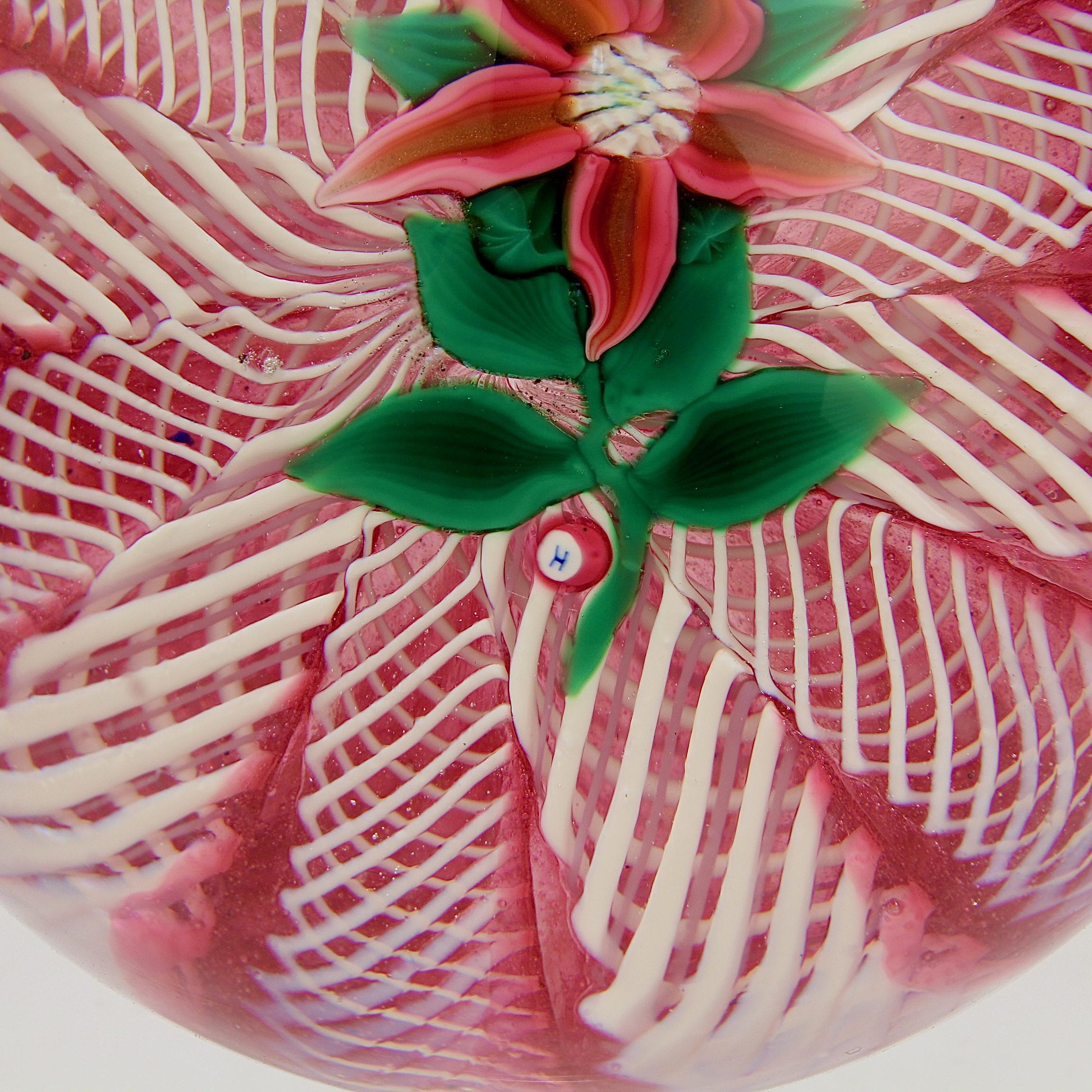 Modern  Paul Ysart Poinsettia on a Pink & White Latticino Ground Glass Paperweight For Sale