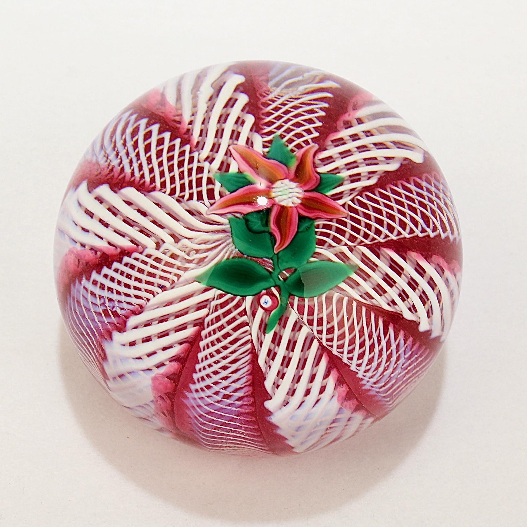  Paul Ysart Poinsettia on a Pink & White Latticino Ground Glass Paperweight In Good Condition For Sale In Philadelphia, PA