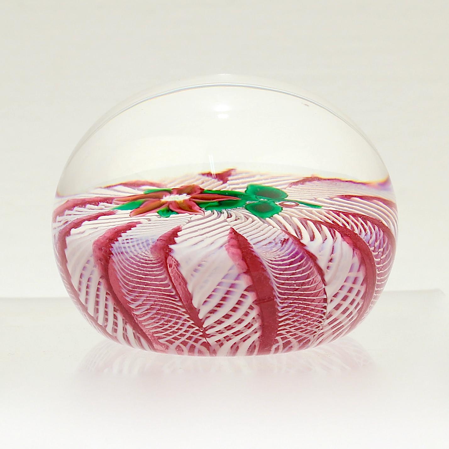 20th Century  Paul Ysart Poinsettia on a Pink & White Latticino Ground Glass Paperweight For Sale