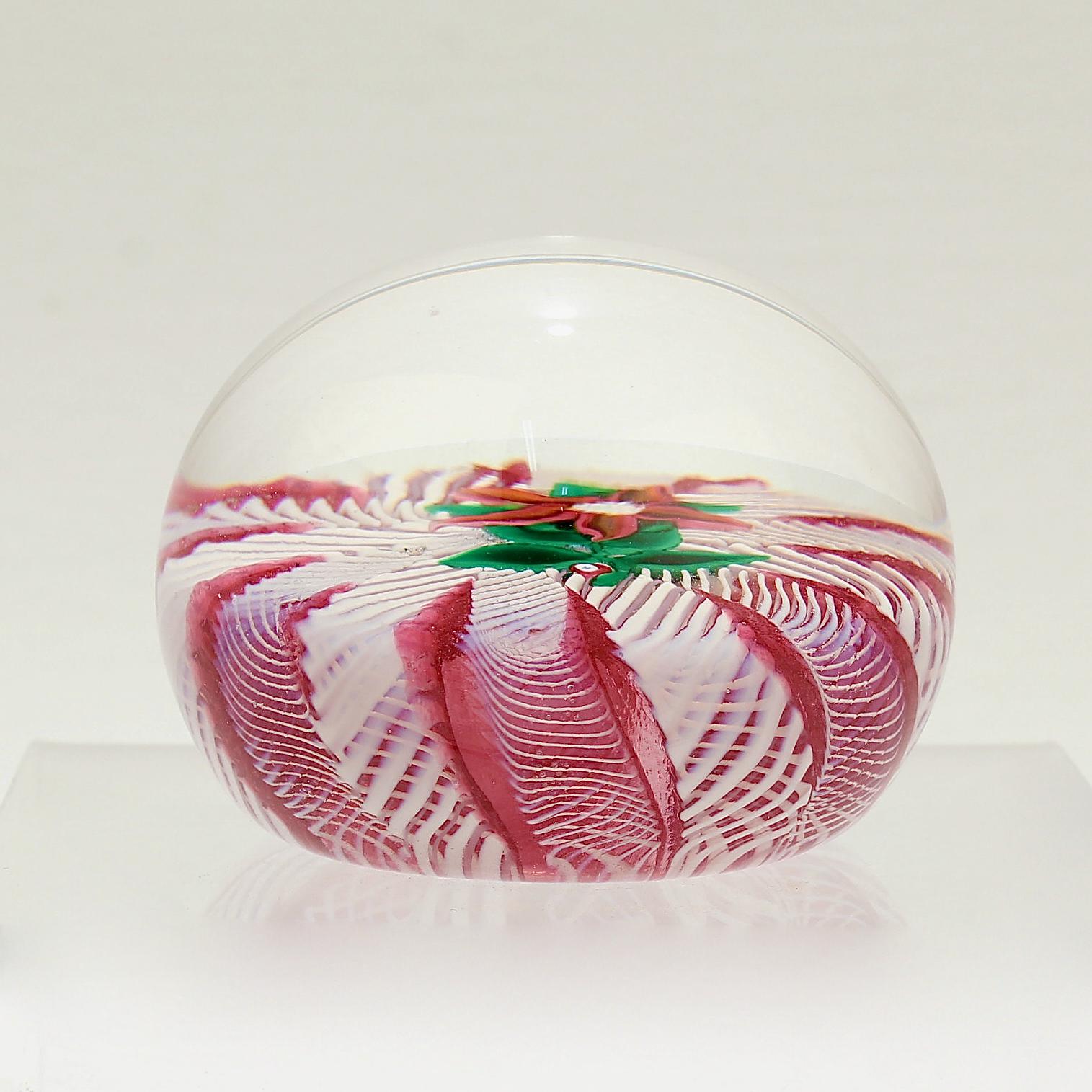  Paul Ysart Poinsettia on a Pink & White Latticino Ground Glass Paperweight For Sale 1