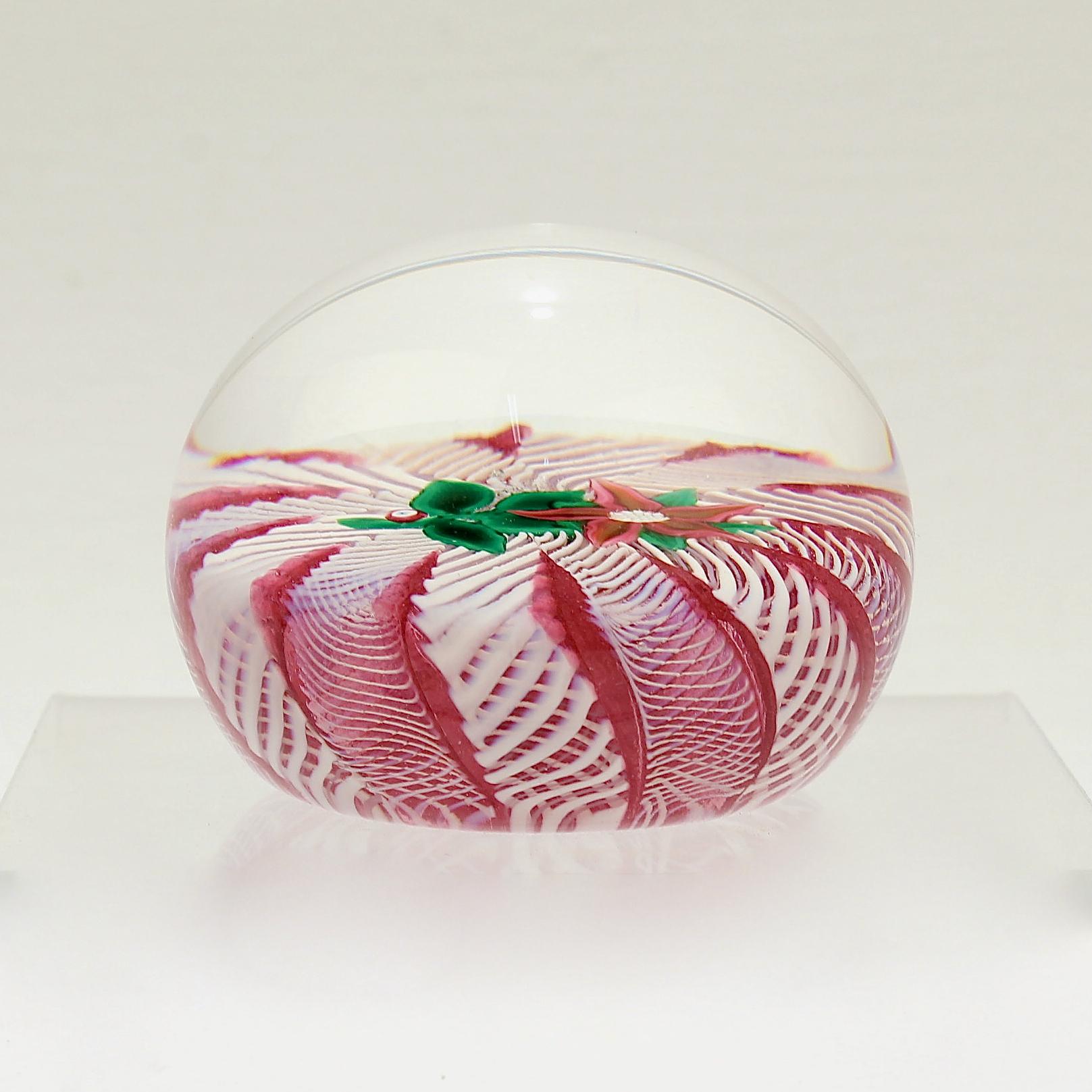 Paul Ysart Poinsettia on a Pink & White Latticino Ground Glass Paperweight For Sale 1