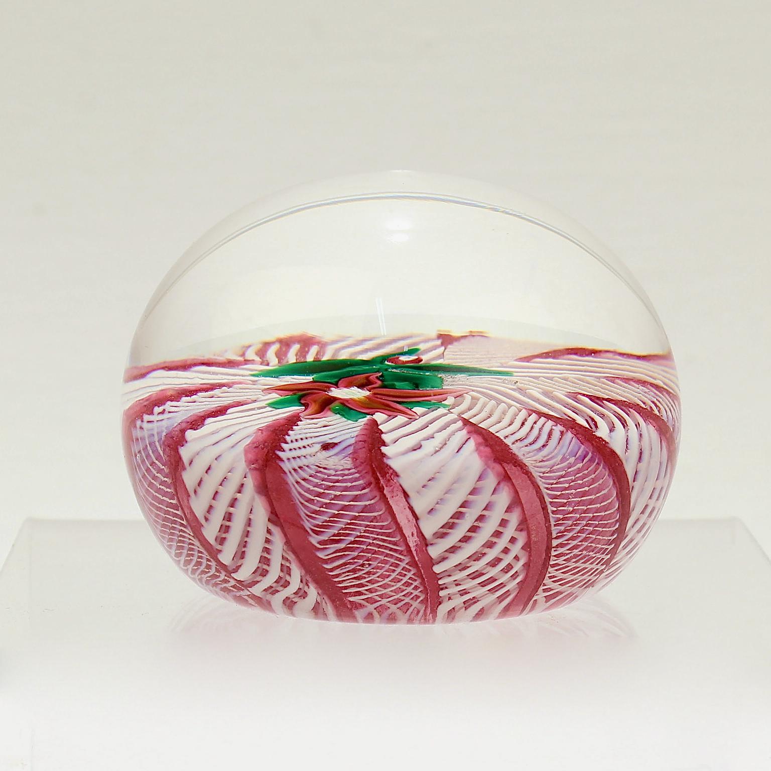  Paul Ysart Poinsettia on a Pink & White Latticino Ground Glass Paperweight For Sale 3
