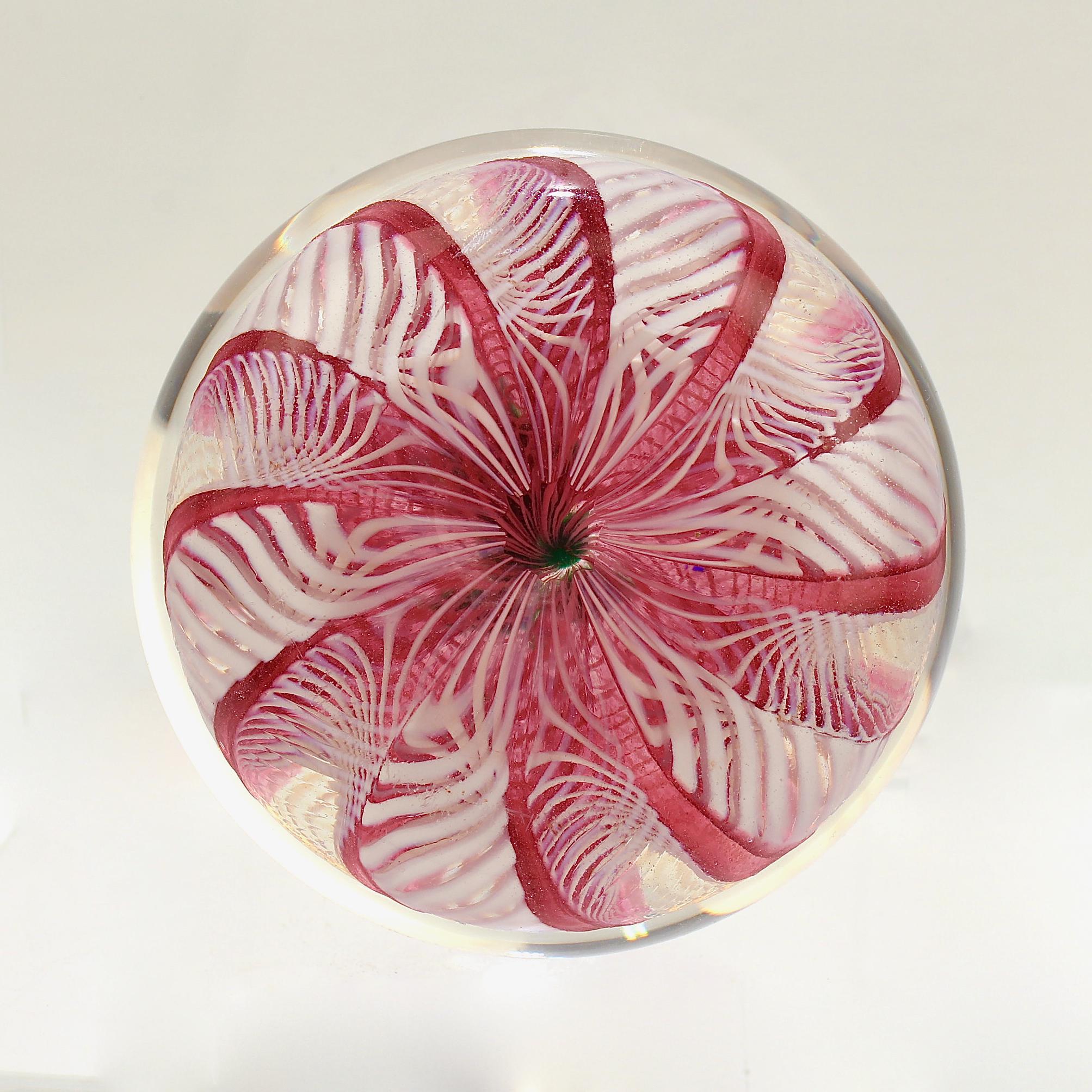  Paul Ysart Poinsettia on a Pink & White Latticino Ground Glass Paperweight For Sale 4