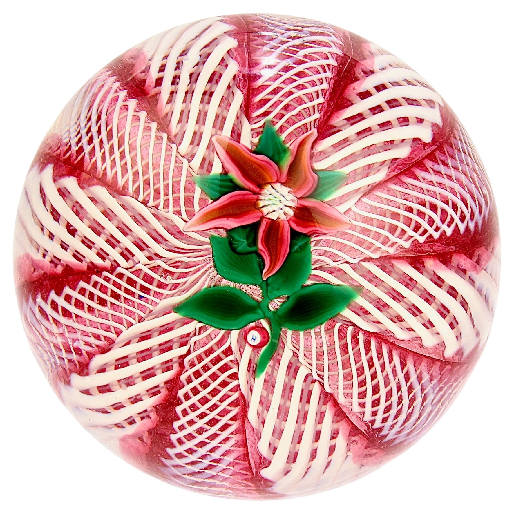  Paul Ysart Poinsettia on a Pink & White Latticino Ground Glass Paperweight For Sale