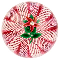 Antique  Paul Ysart Poinsettia on a Pink & White Latticino Ground Glass Paperweight