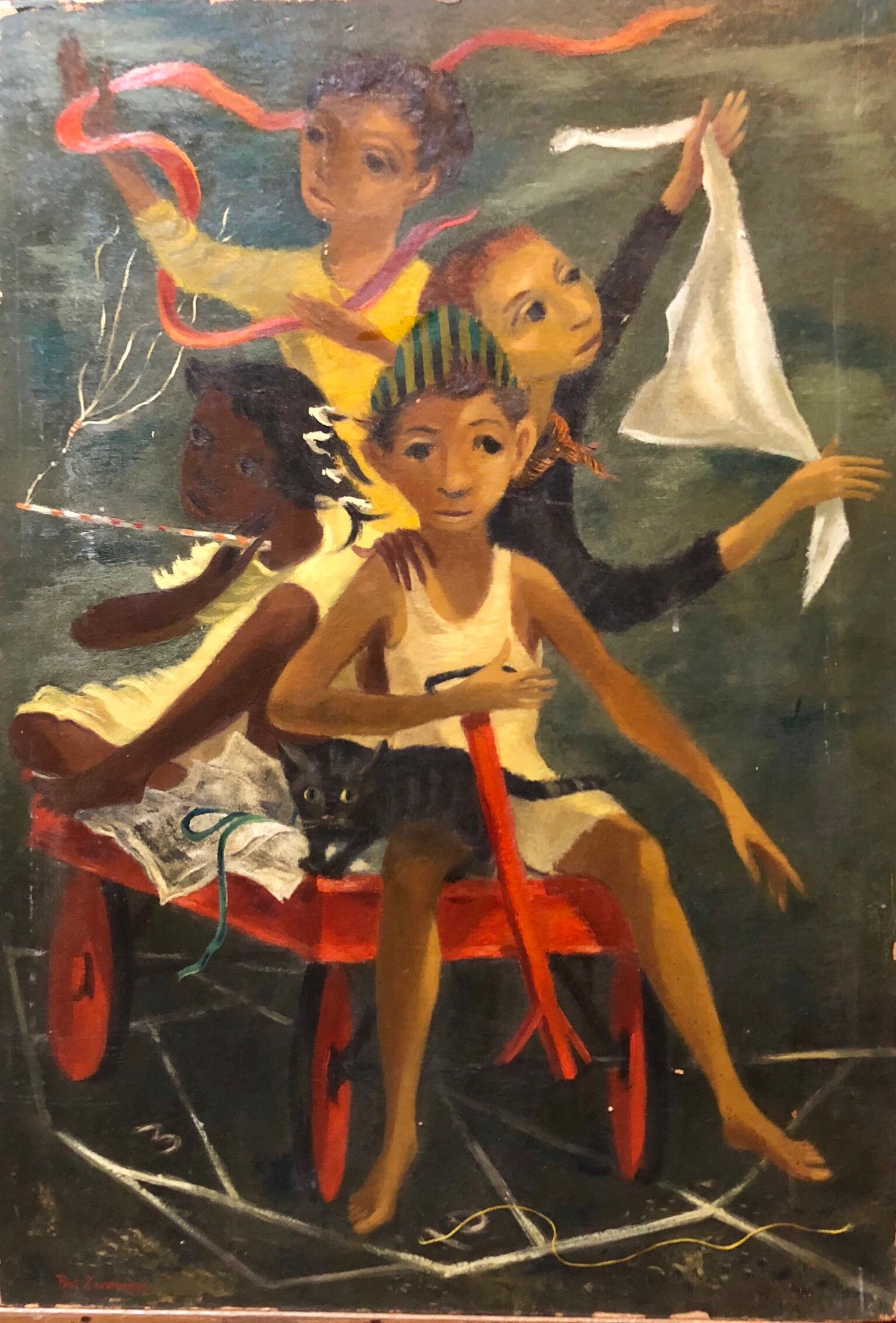 Oil on artist's board, 20th century, signed Paul Zimmerman Reminiscent of the Mid Century Social Realist and WPA works of Ben Shahn this captures a group of tenement children of mixed races, African American, etc. all playing together in a wagon