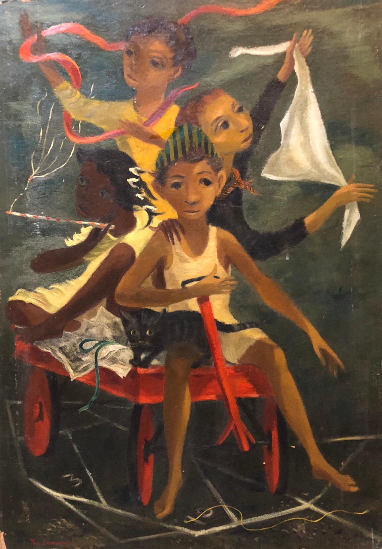 Peinture à l'huile moderniste, enfants et chat réalistes sociaux dans un wagon rouge de style WPA