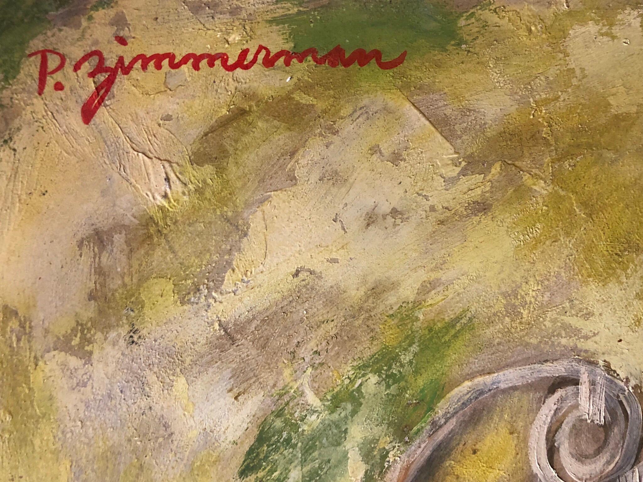 Öl auf Malerkarton, 20. Jahrhundert, signiert P. Zimmerman Erinnert an die sozialrealistischen und WPA-Werke von Ben Shahn aus der Mitte des Jahrhunderts und zeigt ein Stillleben einer Küchenszene auf dem Tisch. Korbstuhl für Picknick geladen.

Paul