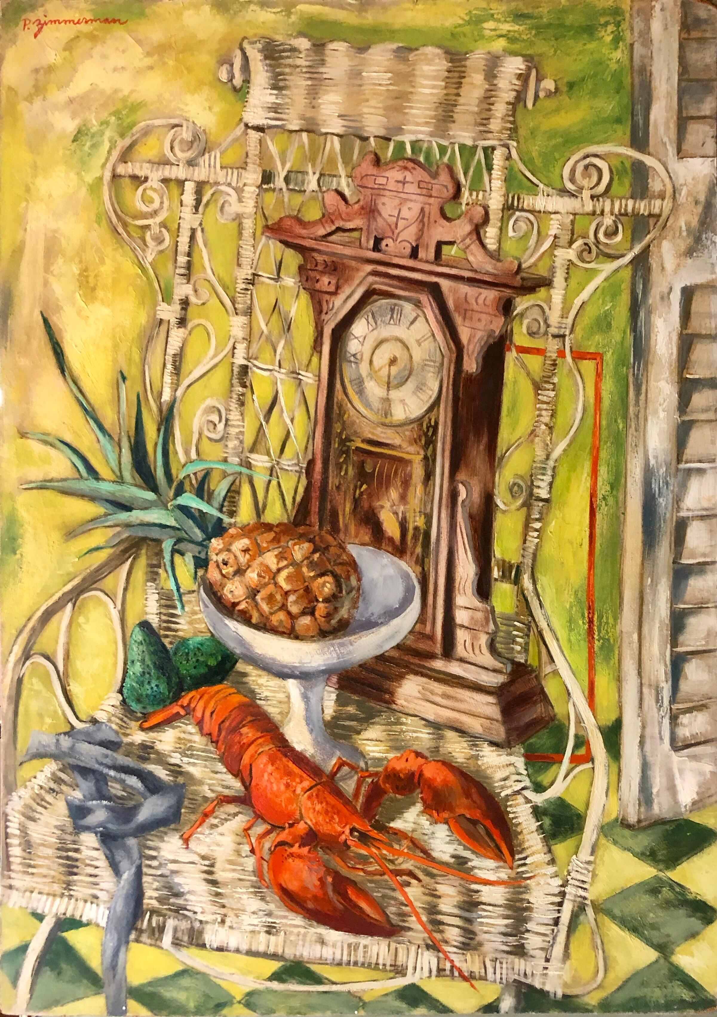 Paul Zimmerman Figurative Painting - Modernist Oil Painting Still Life Tableaux with Lobster, Pineapple and Clock